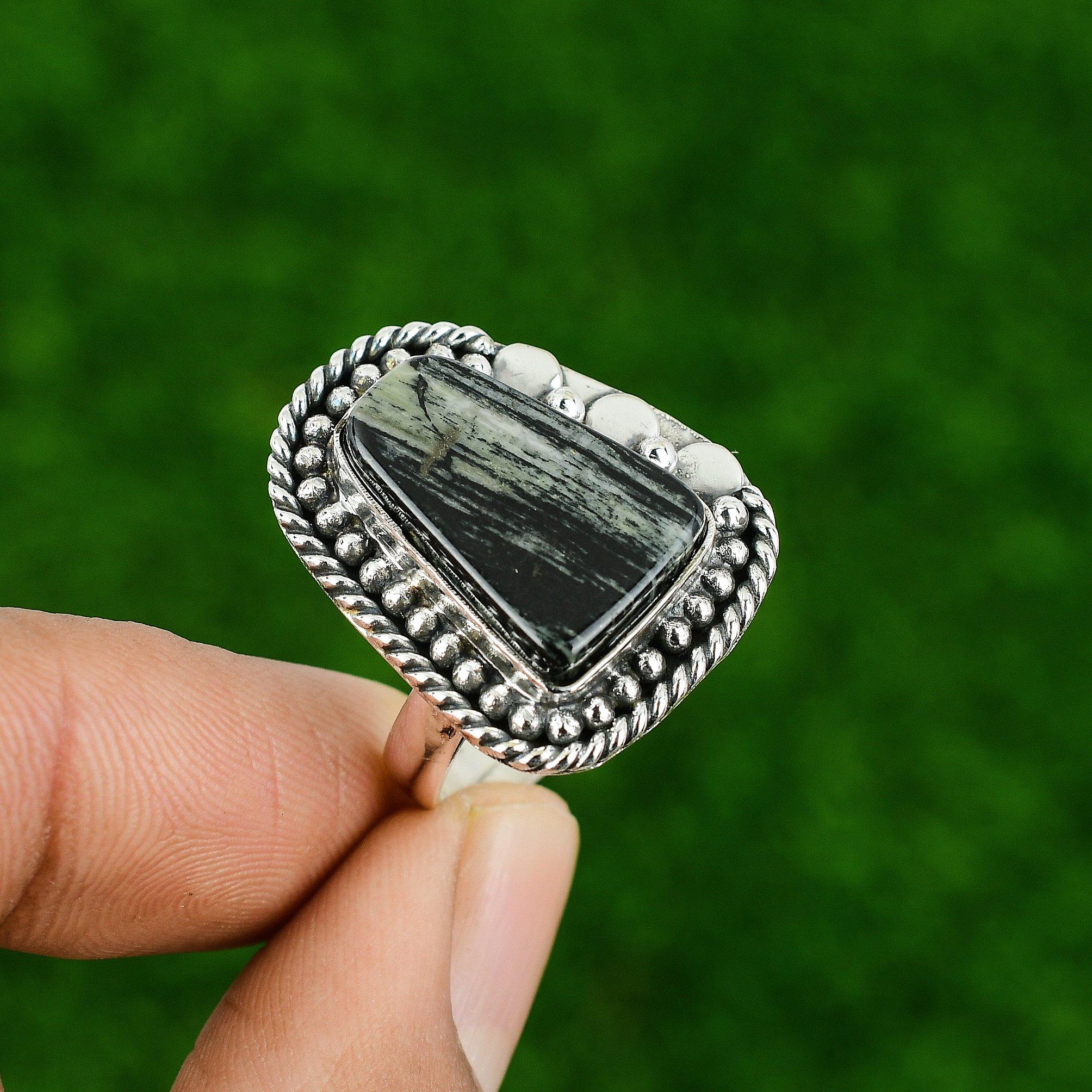Sterling Silver Natural Silver Leaf Jasper Bezel Stackable Birthday Ring Jewelry