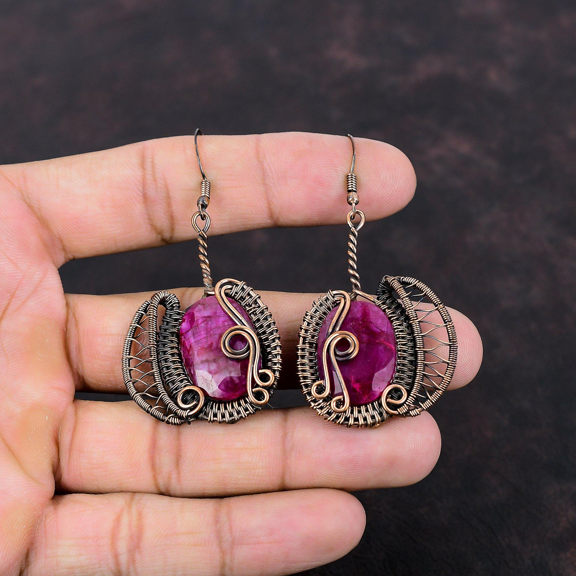 Faceted Kashmir Ruby Earring Copper Wire Wrapped Gemstone Earrings Copper Jewelry Handmade Dangle Earring Wire Wrapped Jewelry Gift For Wife