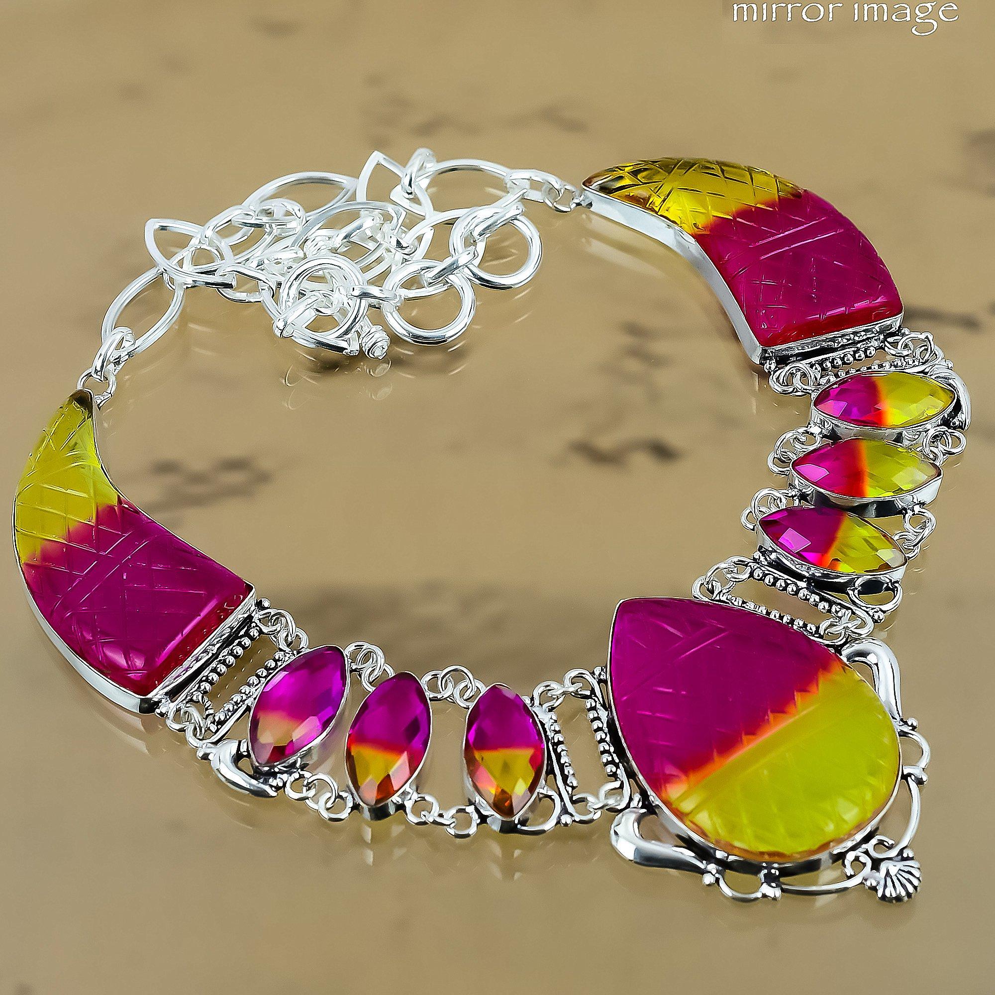 Natural Carved Bi-Color Tourmaline Chain Pink Adjustable Necklace 925 Silver