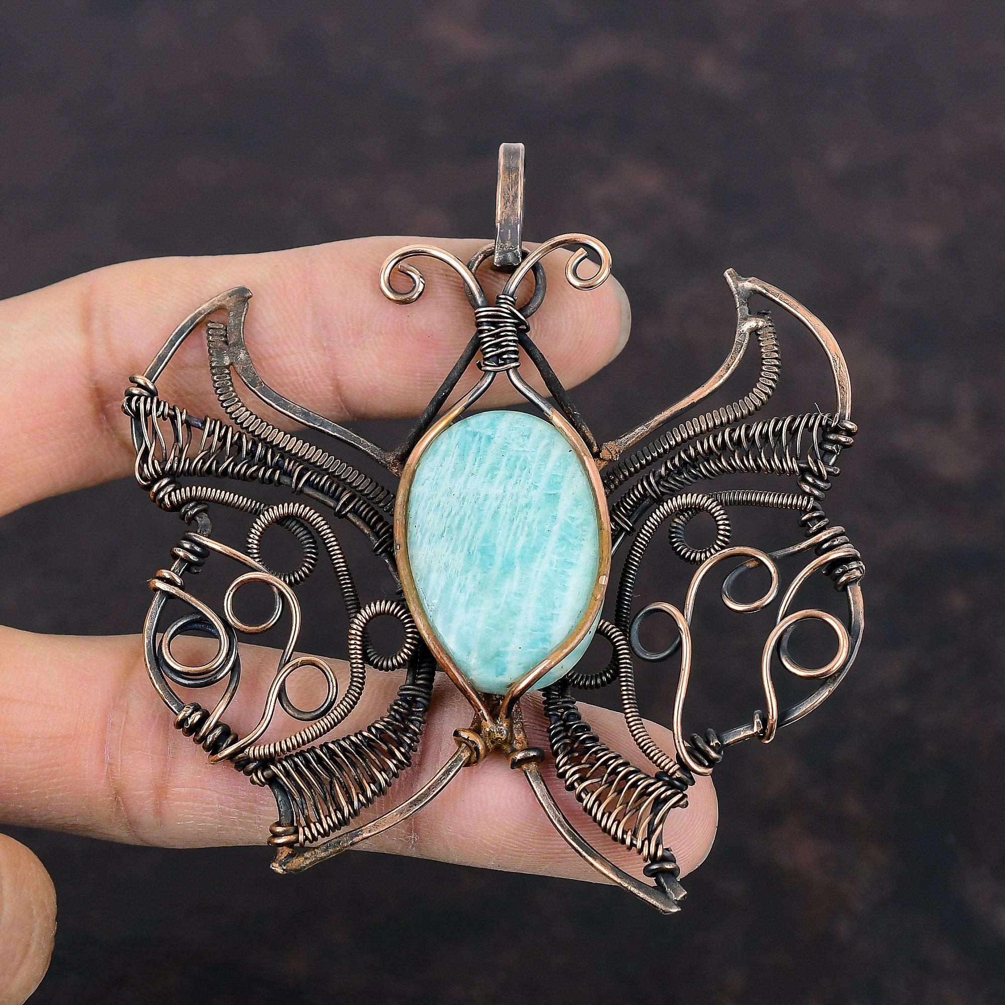 Amazonite Pendant Copper Wire Wrapped Jewelry Butterfly Gemstone Pendant Amazonite Jewelry Handmade Copper Wire Wrap Pendant Gifts For Him