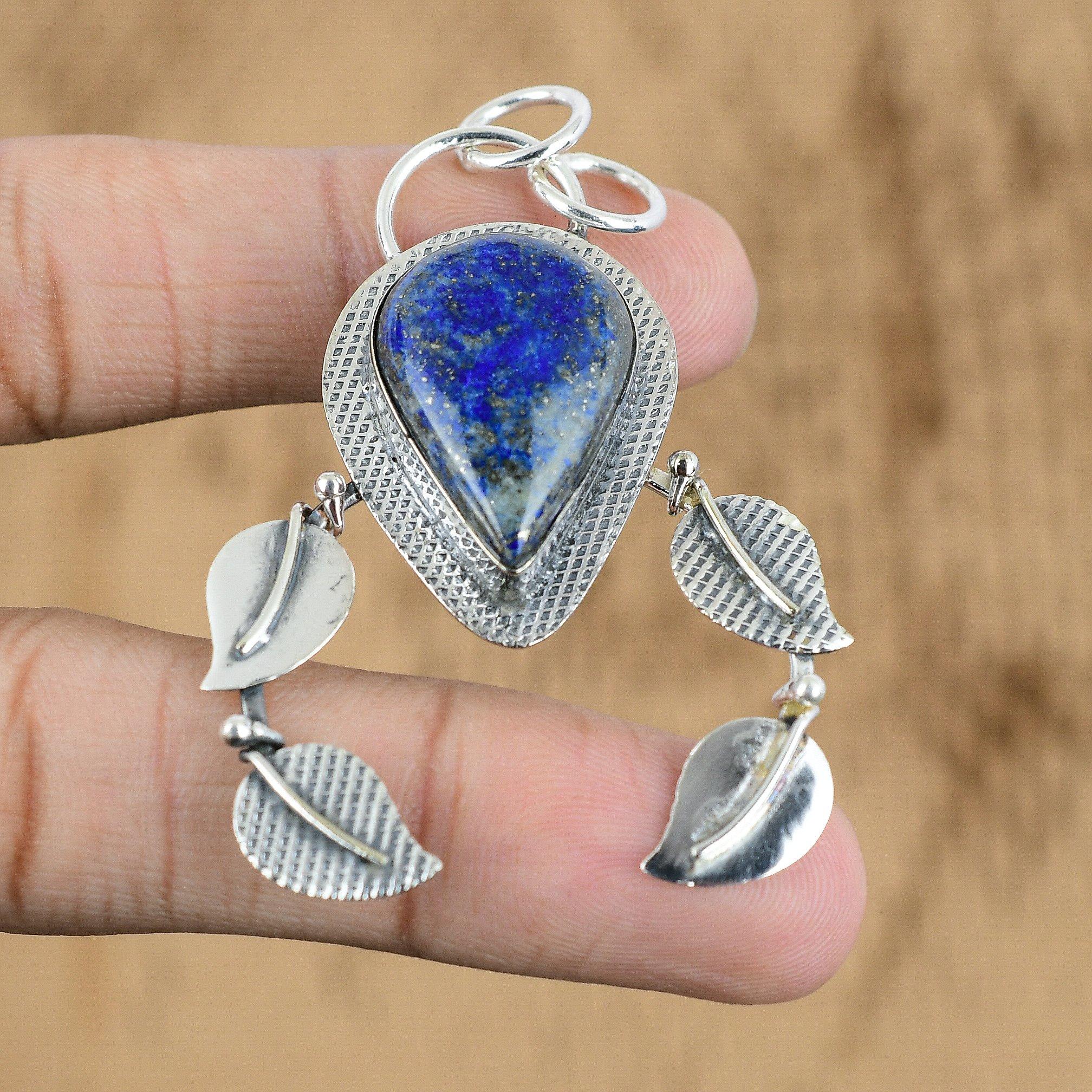Natural Lapis Lazuli Gemstone Pendant Blue 925 Sterling Silver Indian Jewelry