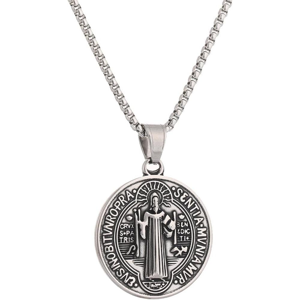 Collana Medaglia dell'Esorcismo di San Benedetto - Ciondolo Croce Romana Cristiana Cattolica in Acciaio Inossidabile - Medaglia Amuleto Santo Patrono Gioielli Religiosi
