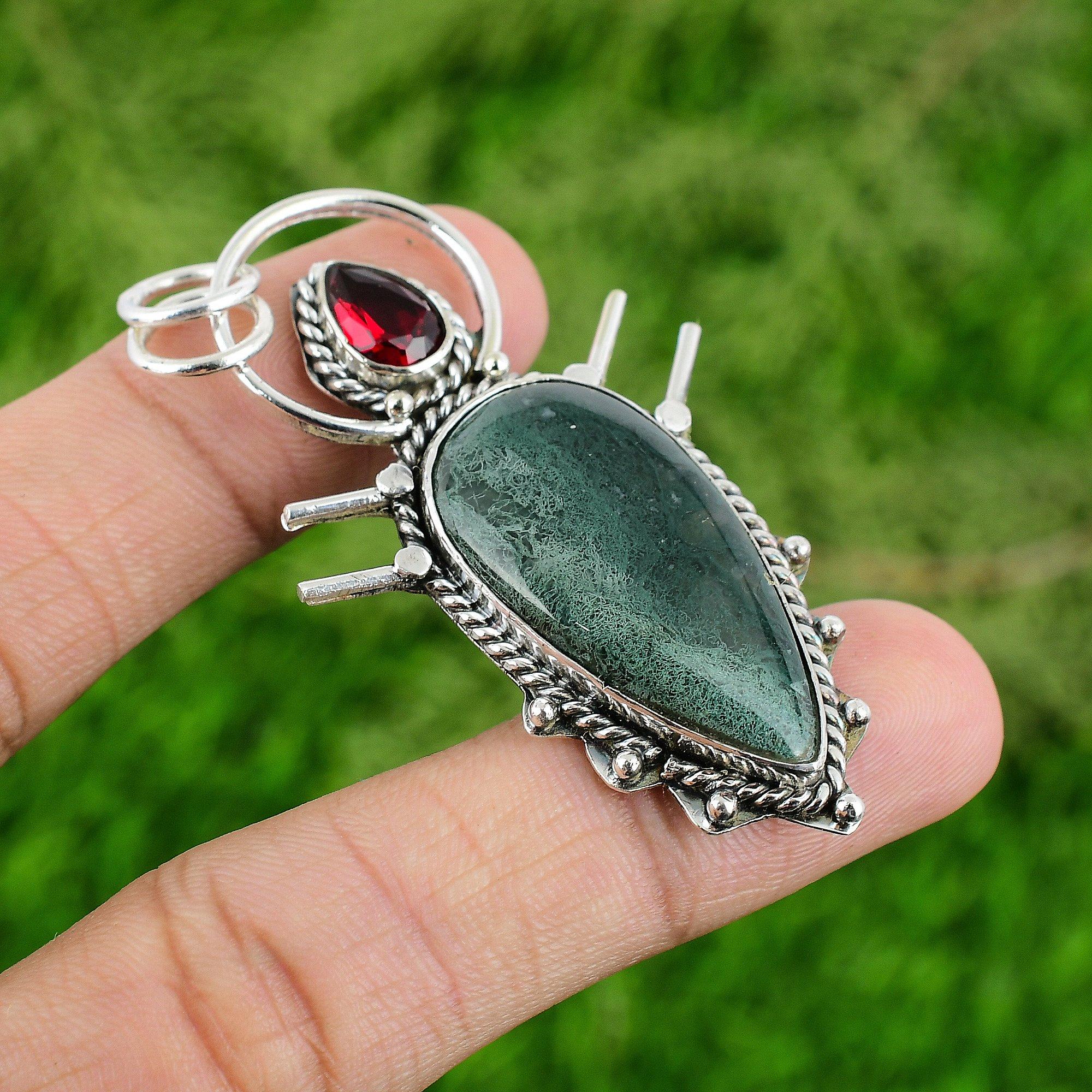 Solar Moss Agate Stone Mozambique Garnet Engagement Wife Pendant Sterling Silver