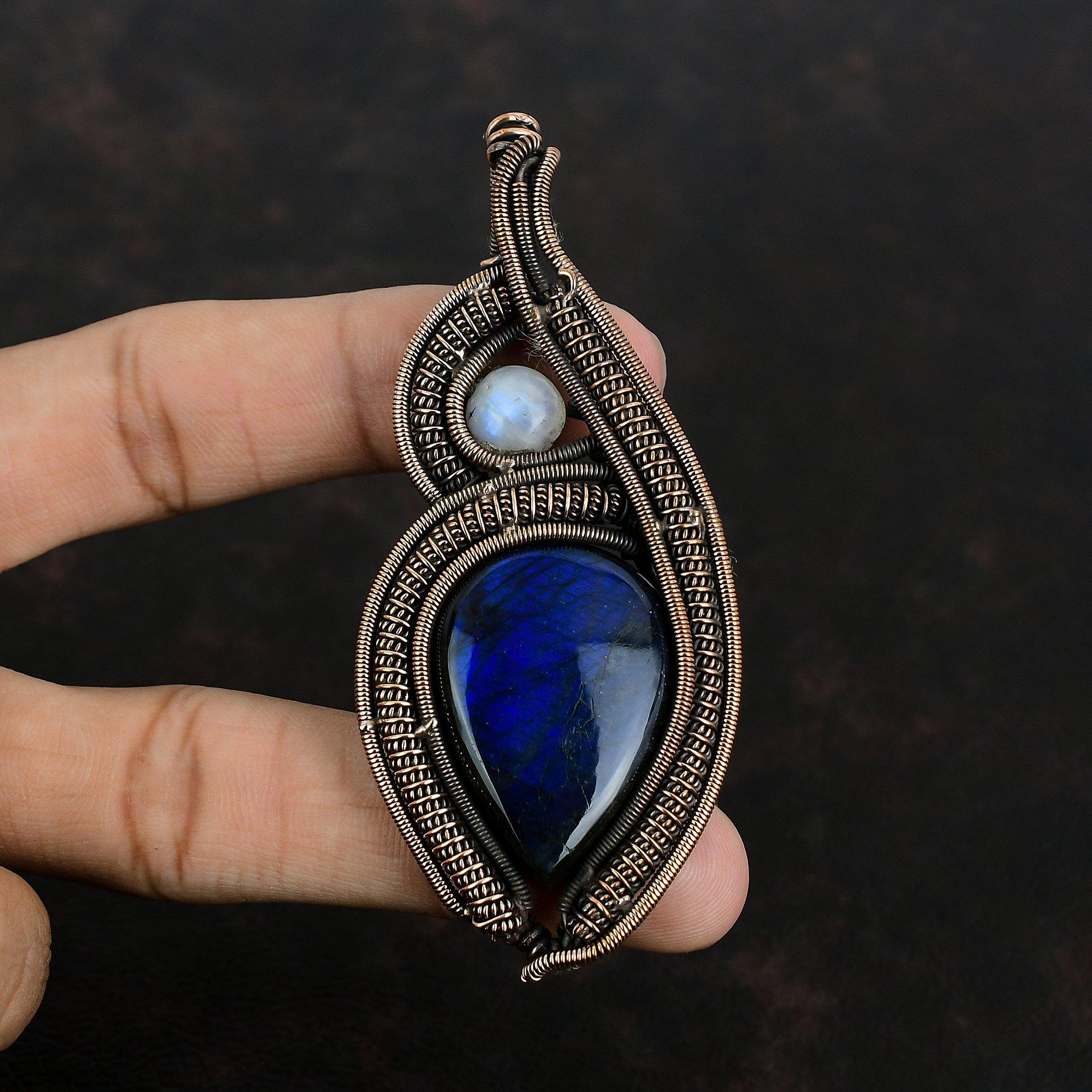 Labradorite Copper Pendant Copper Wire Wrapped Pendant Gemstone Jewelry Rainbow Moonstone Pendant Handmade Copper Wire Jewelry Gifts For Him