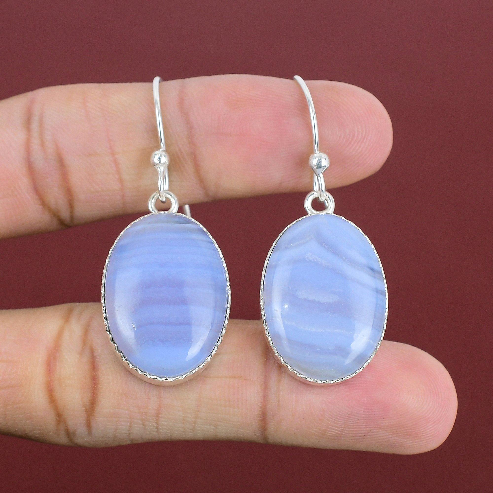 Blue Lace Agate Earrings 925 Sterling Silver Earrings Genuine Gemstone Earring Handmade Jewelry Earring For Mom Unique Earring Gifts For Her