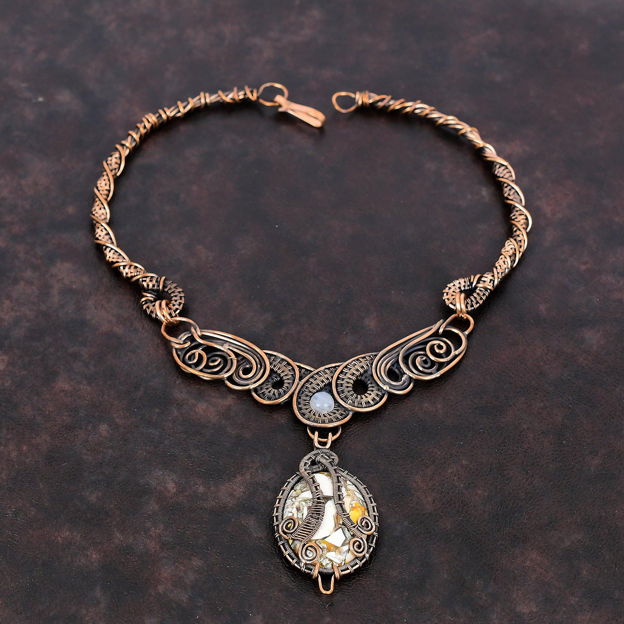 Brecciated Mookaite Necklace Copper Wire Wrapped Necklace Rainbow Moonstone Gemstone Necklace Handmade Dainty Copper Jewelry Engagement Gift