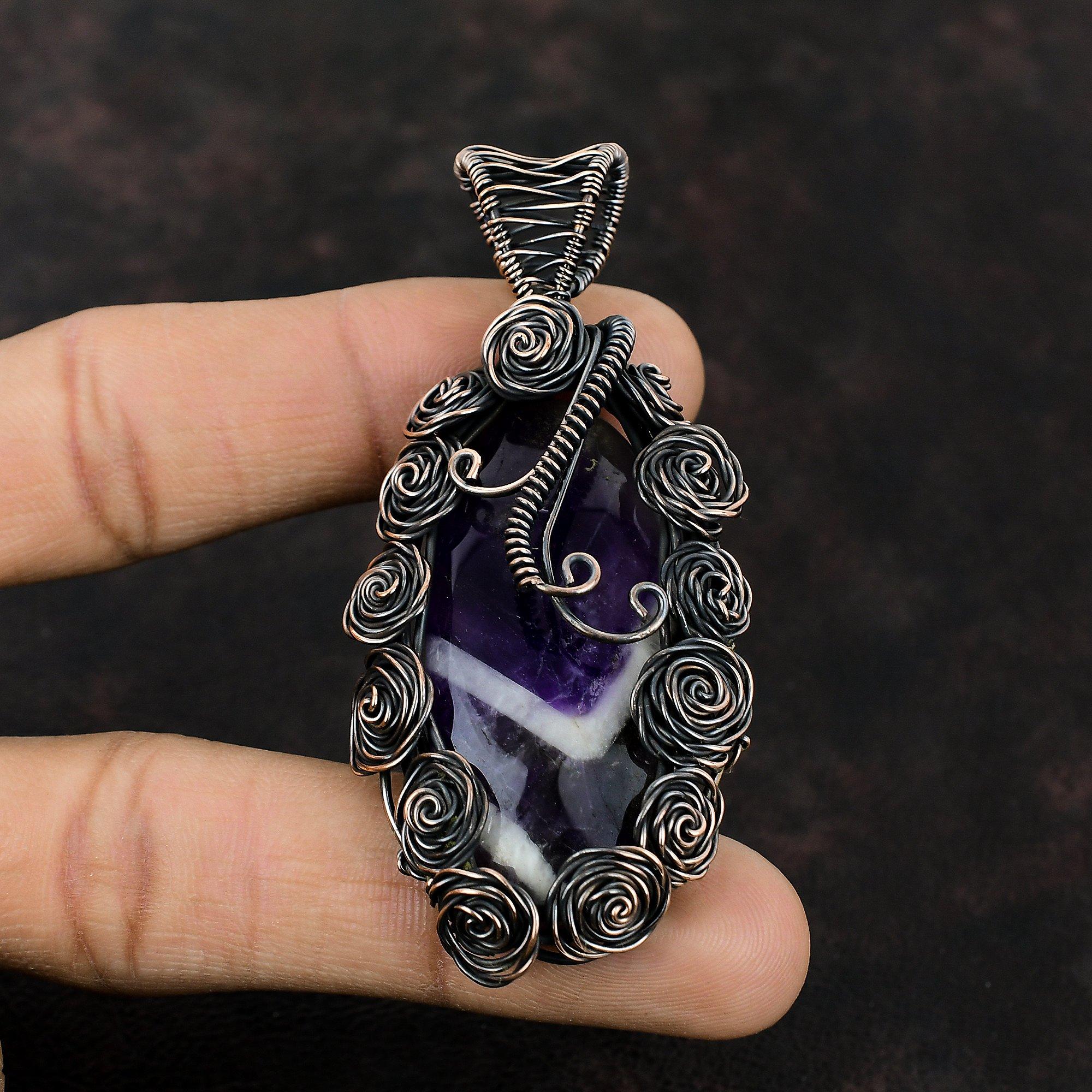 Chevron Amethyst Gemstone Pendant Copper Wire Wrapped Pendant Handmade Pendant Wire Wrapped Jewelry Anniversary Gift Designer Copper Jewelry