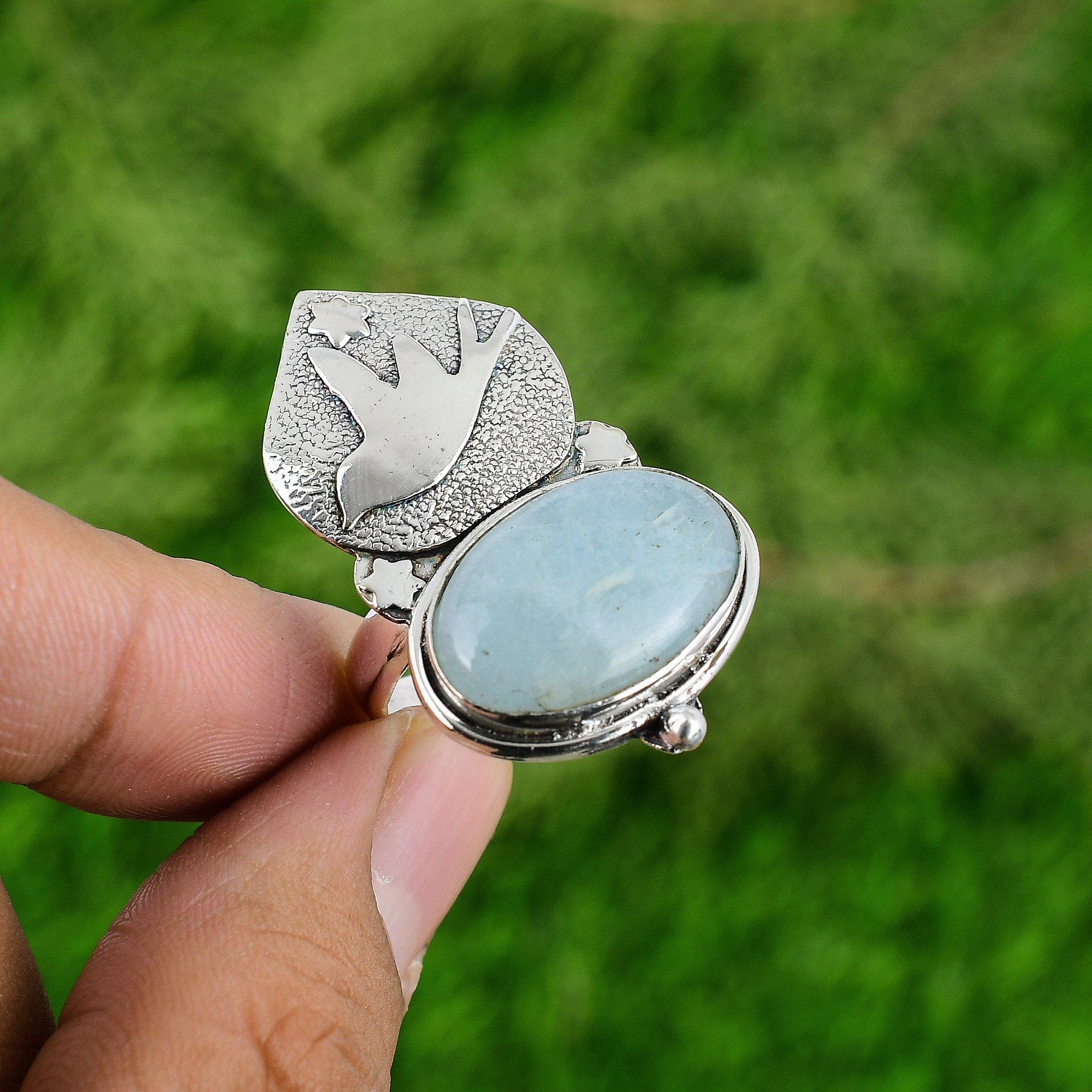 Natural Aquamarine Gemstone 925 Silver Promise Bird Adjustable Ring For Girls