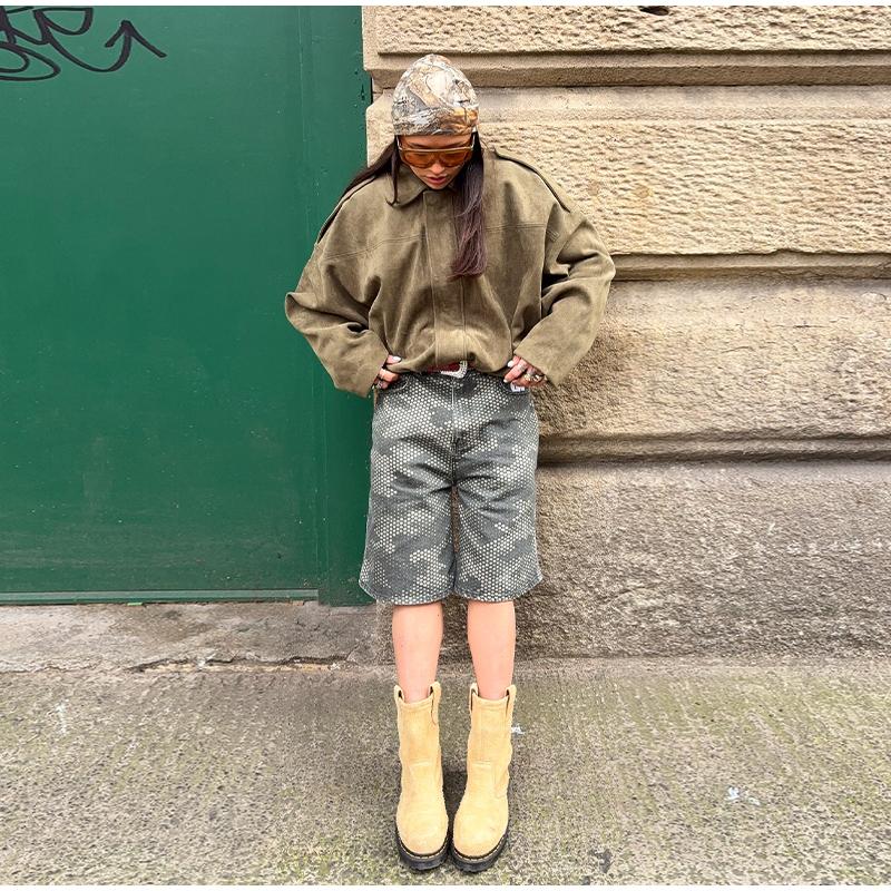 Spring Women's Green Suede Short Jacket Loose Lapel Zipper Long Sleeve Bomber Coat Female 2025 New Lady High Street Outwears