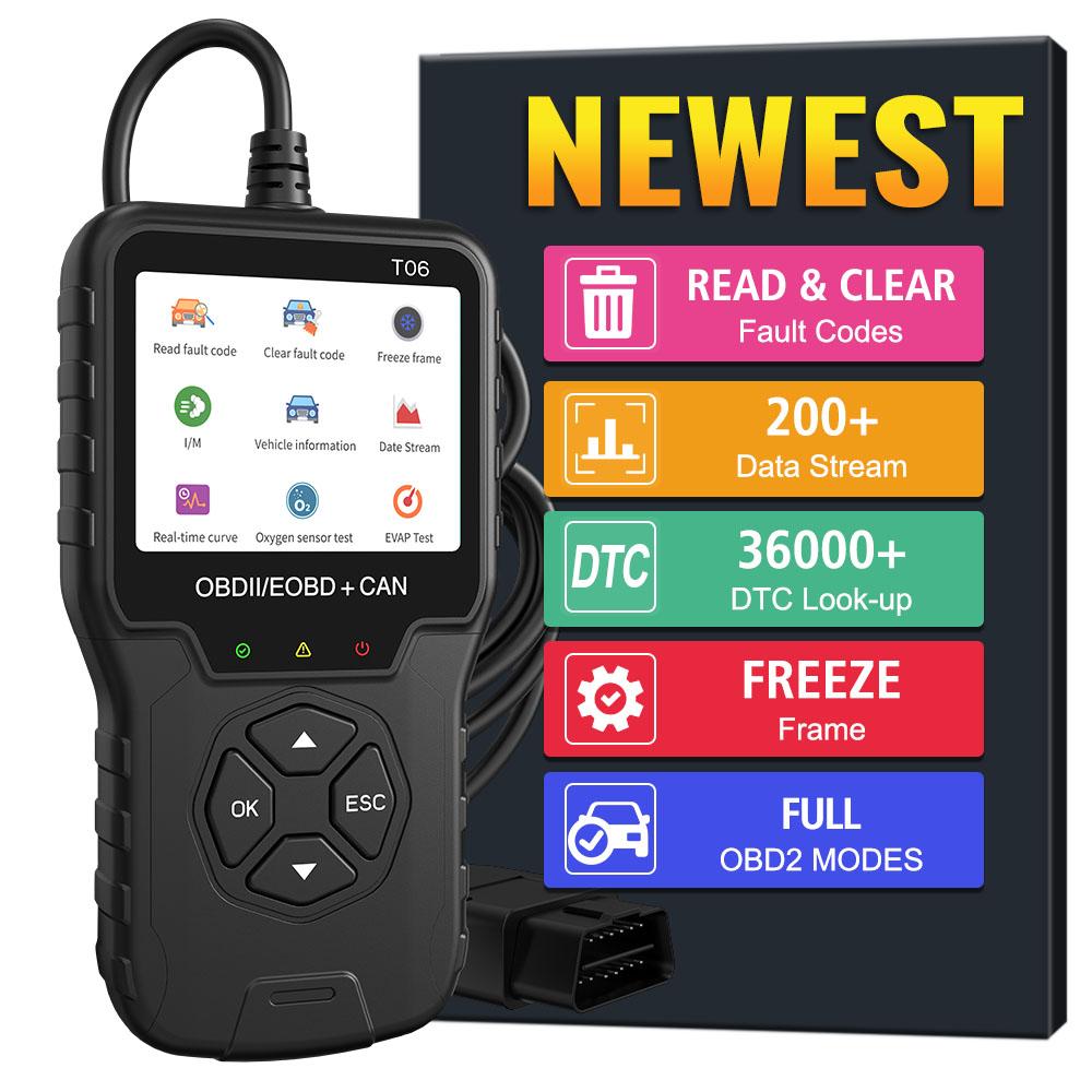 Tester baterií Kontrola systému motoru Číst informace o vozidle Vícejazyčná čtečka podpůrných kódů Příslušenství pro automobily Diagnostický nástroj pro automobily OBD2 Skener T06