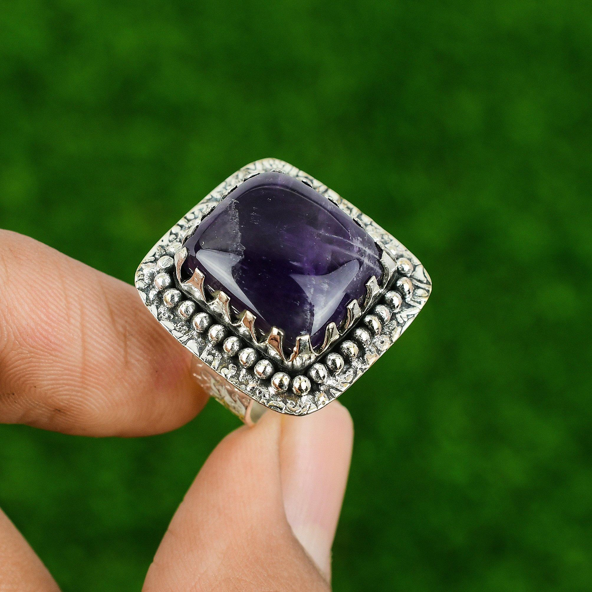 Chevron Amethyst Gemstone Handcrafted Statement Ring 925 Sterling Silver US 8