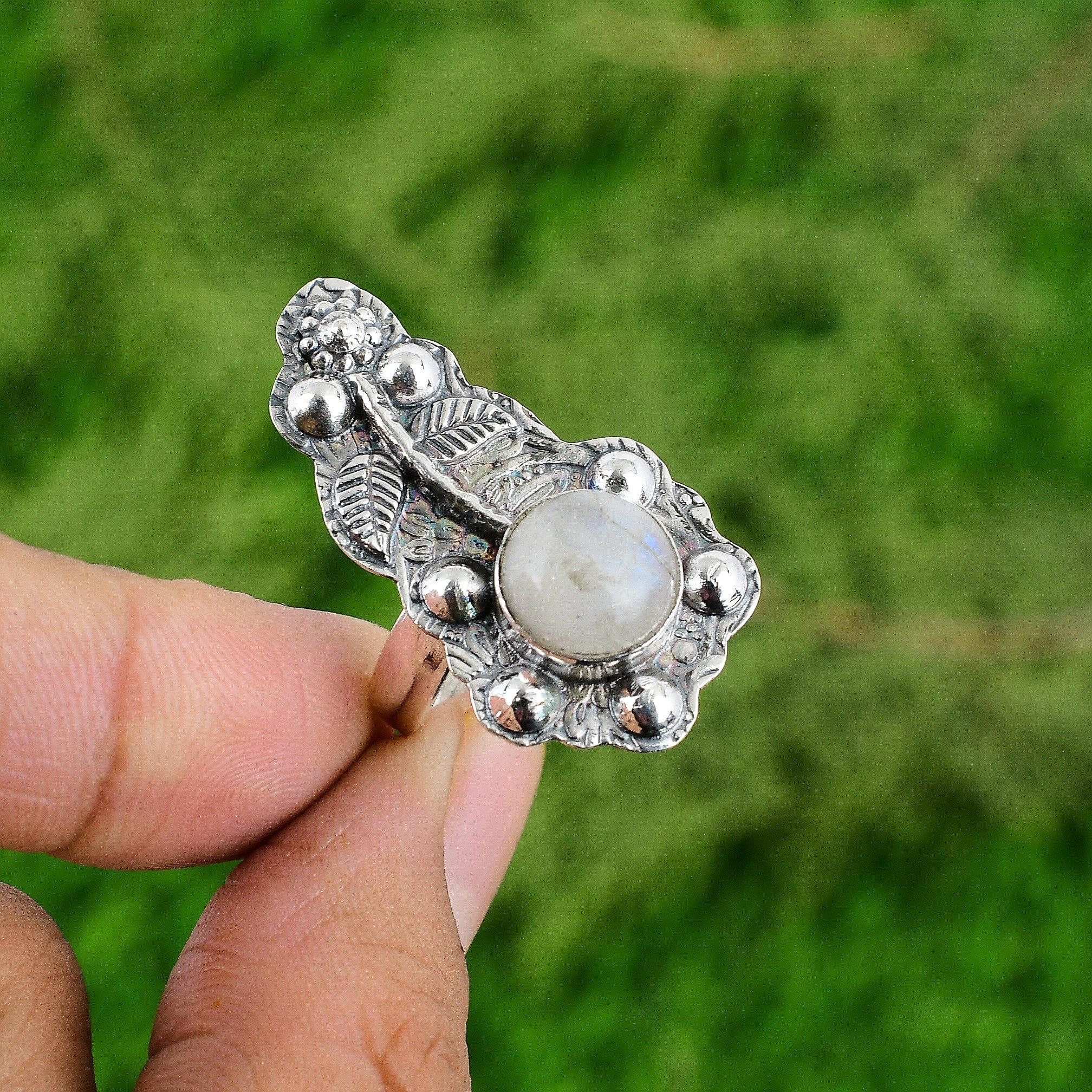 925 Sterling Silver Natural Rainbow Moonstone Flower Promise Sister Ring Jewelry