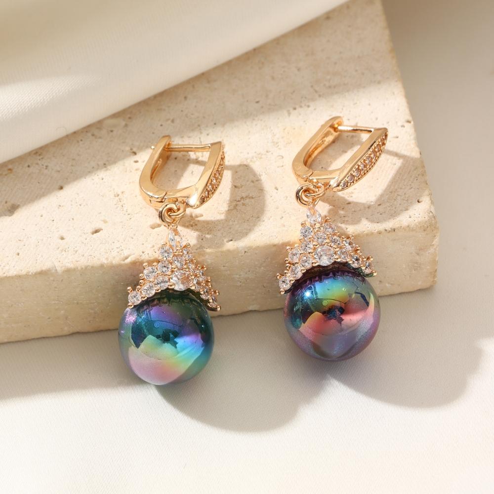 1 Pair Luxury Blue Round Imitation Pearls Dangle Earrings for Women Cubic Zirconia Earring Jewelry Wedding Party Accessories