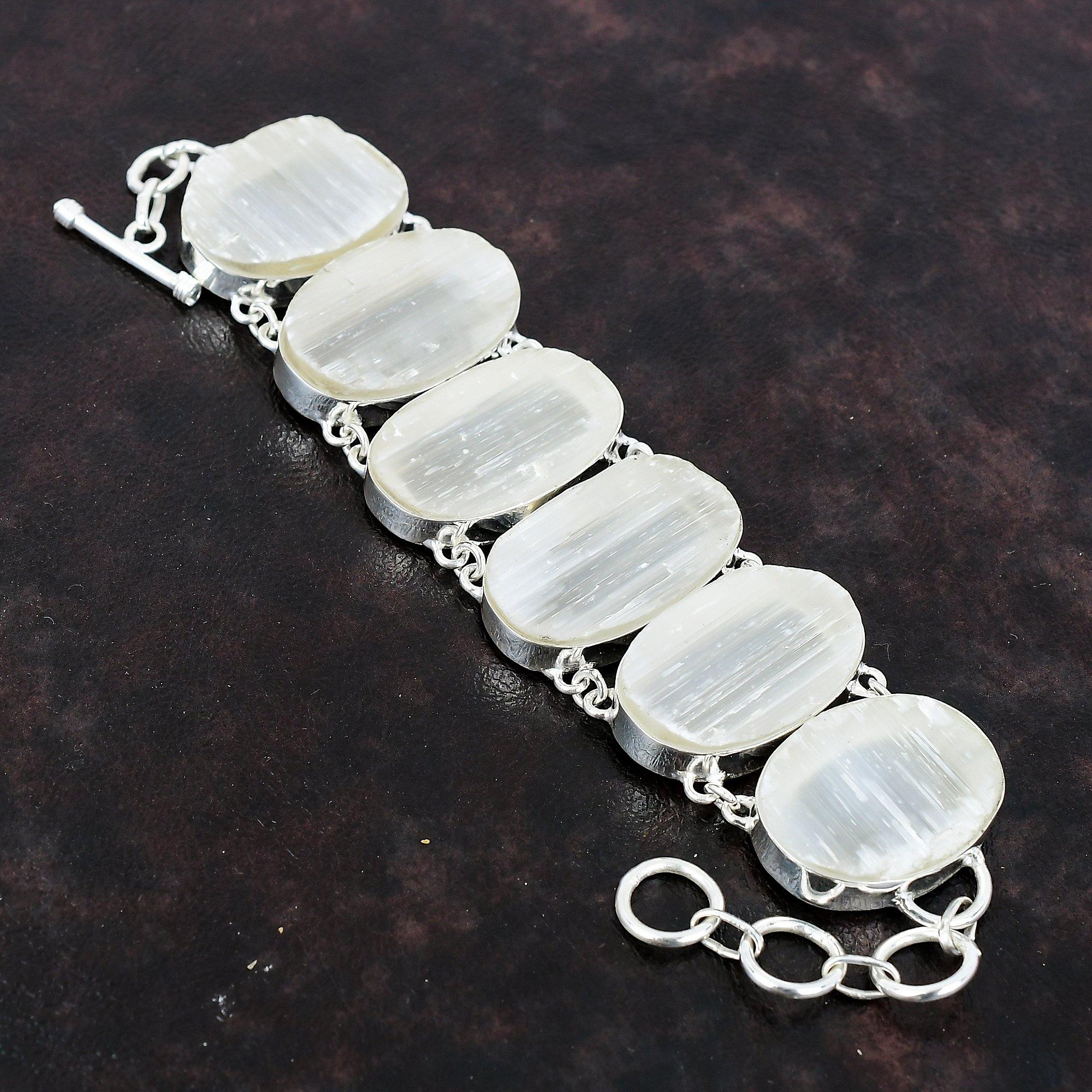 Selenite Druzy Bracelet 925 Sterling Silver Bracelet Gemstone Jewelry Handmade Adjustable Chain Bracelet Gift For Girl Healing Stone Jewelry