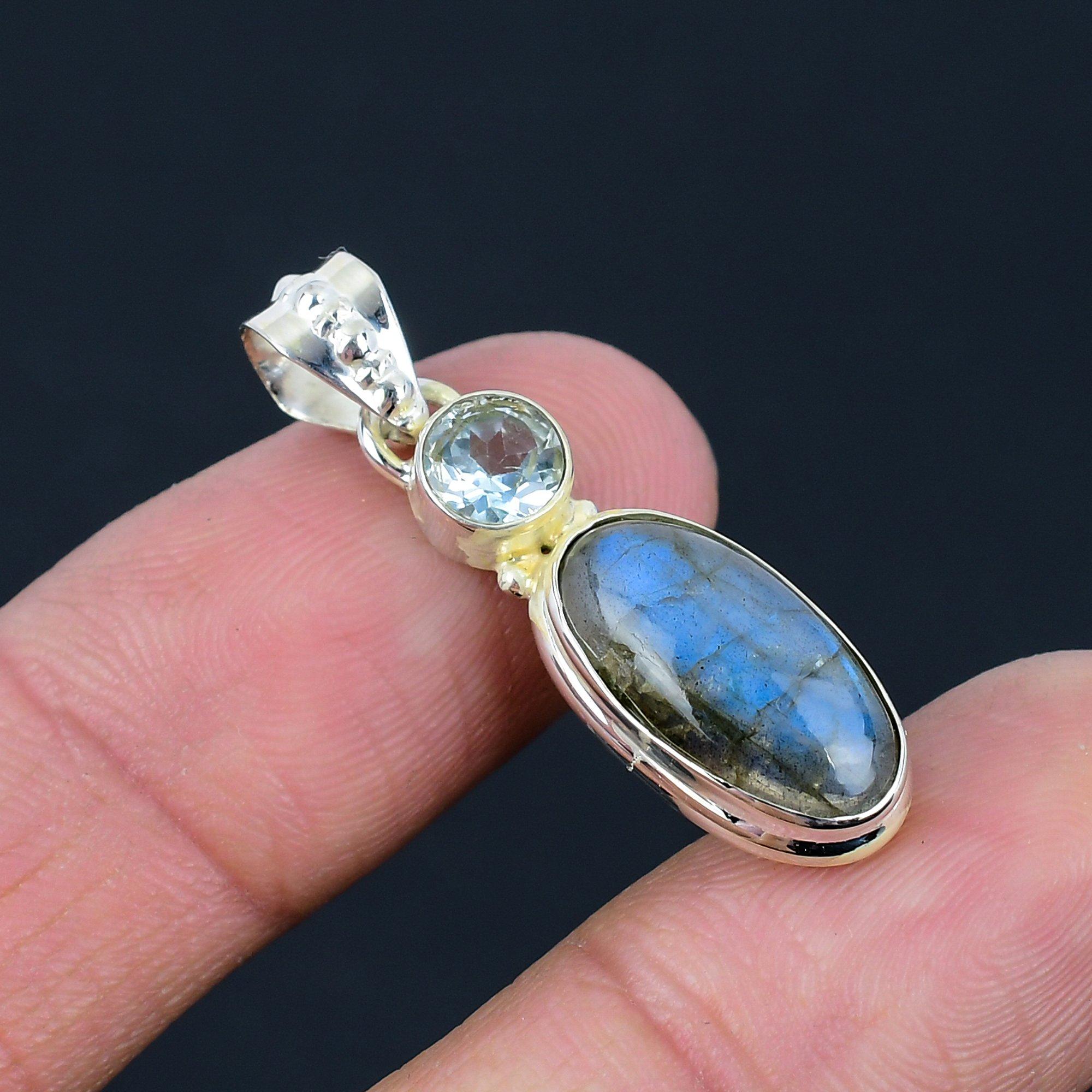 Natural Labradorite Gemstone Pendant, 925 Sterling Silver, Blue Topaz Gemstone, Handmade Pendant Jewelry Gift For Valentine's Day
