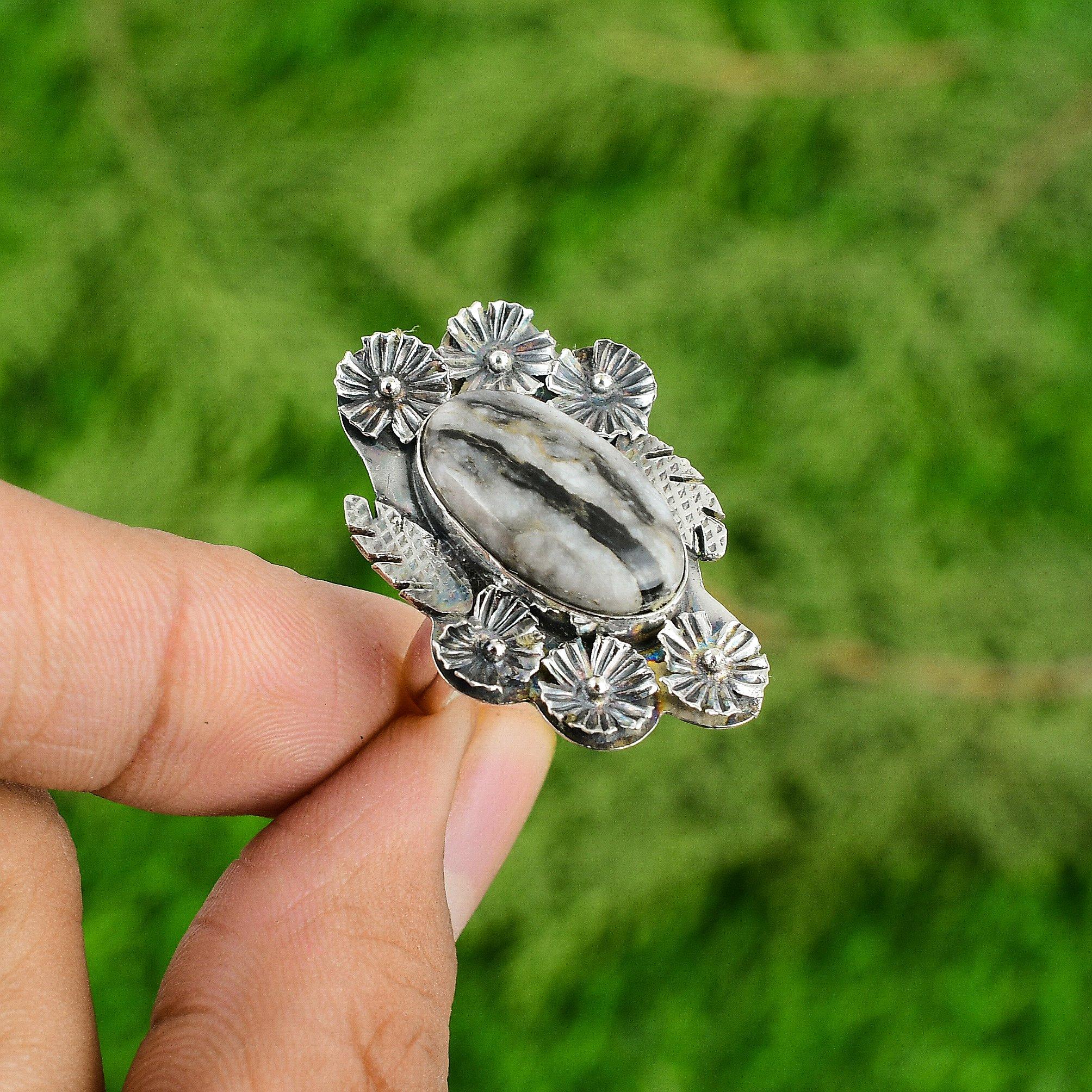Natural Zebra Jasper 925 Silver Stackable Flower Adjustable Ring For Women