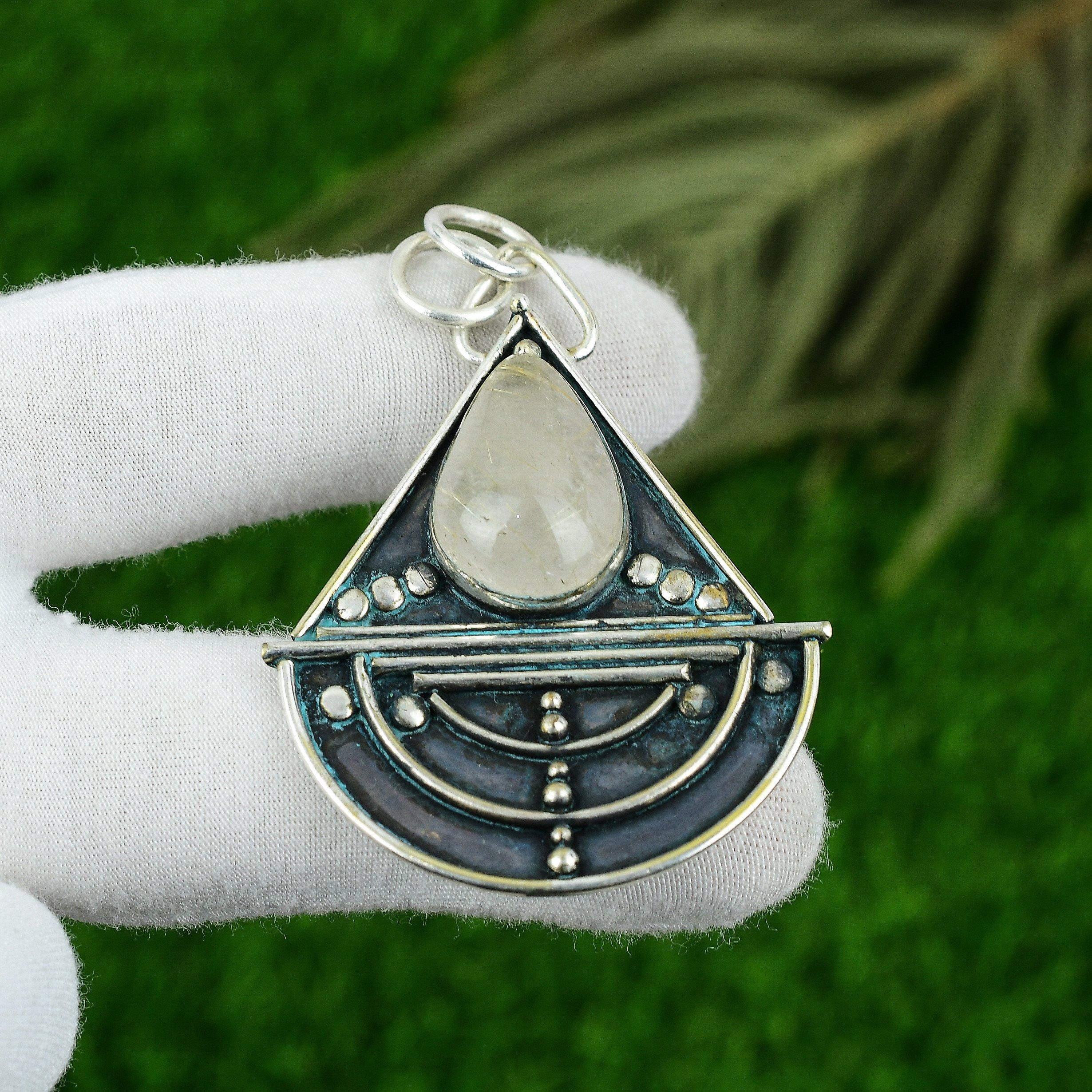 Wedding Gift For Her 925 Sterling Silver Natural Golden Rutile Gemstone Pendant
