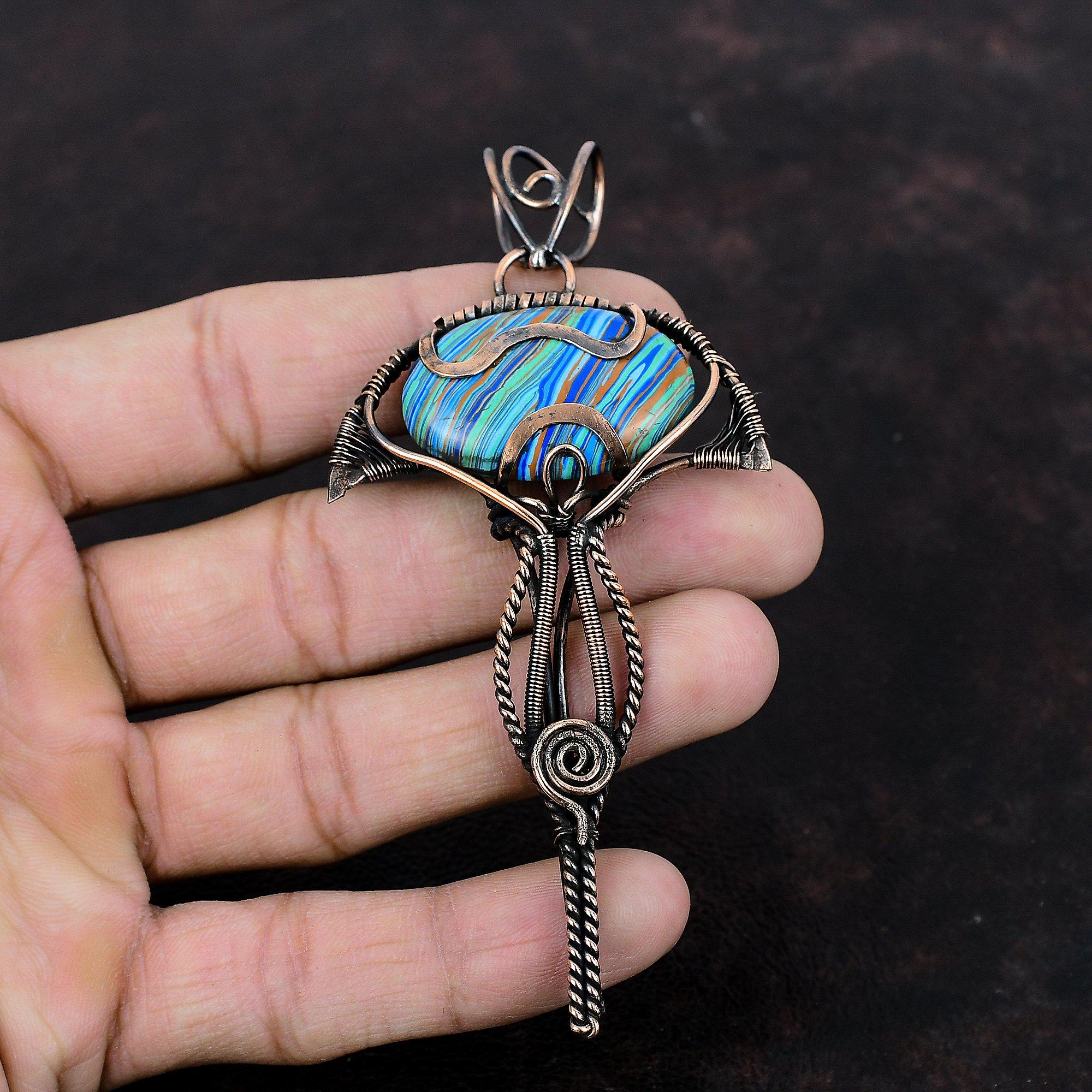 Rainbow Calsilica Pendant Copper Wire Wrapped Gemstone Pendant Elegant Jewelry Designer Pendant Handmade Pendant Copper Jewelry Gift For Him