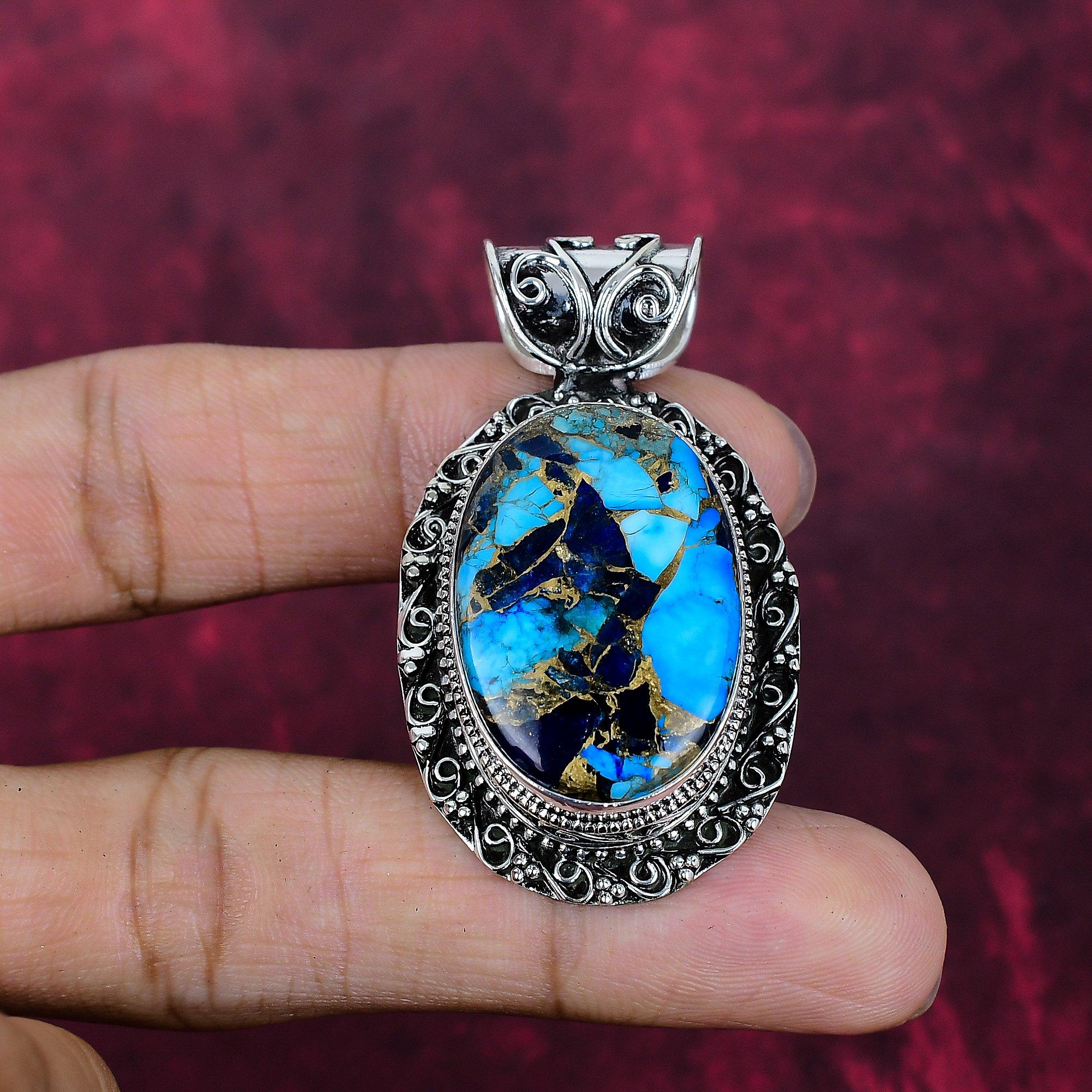 Copper Lapis Turquoise Handmade Gemstone Pendant, 925 Solid Sterling Silver Pendant Antique Jewelry, Love Forever Gift