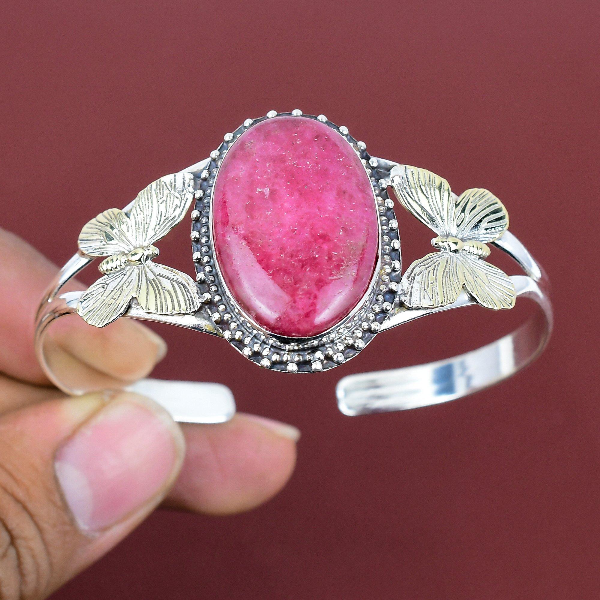 Rhodonite Cuff Bracelet 925 Sterling Silver Adjustable Bangle 18k Gold Plated Bangle Real Gemstone Handmade Jewelry Butterfly Cuff Bracelet