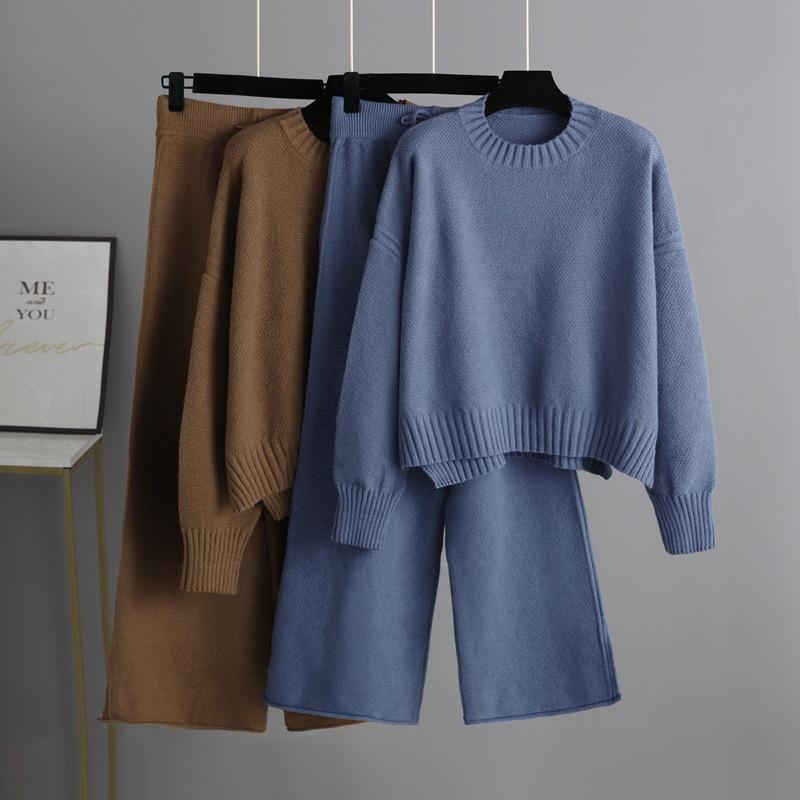 Autumn and Winter New Fashion Casual Knitted Set Pants Women's Edition Loose Sweater Wide Leg Pants Two Piece Set