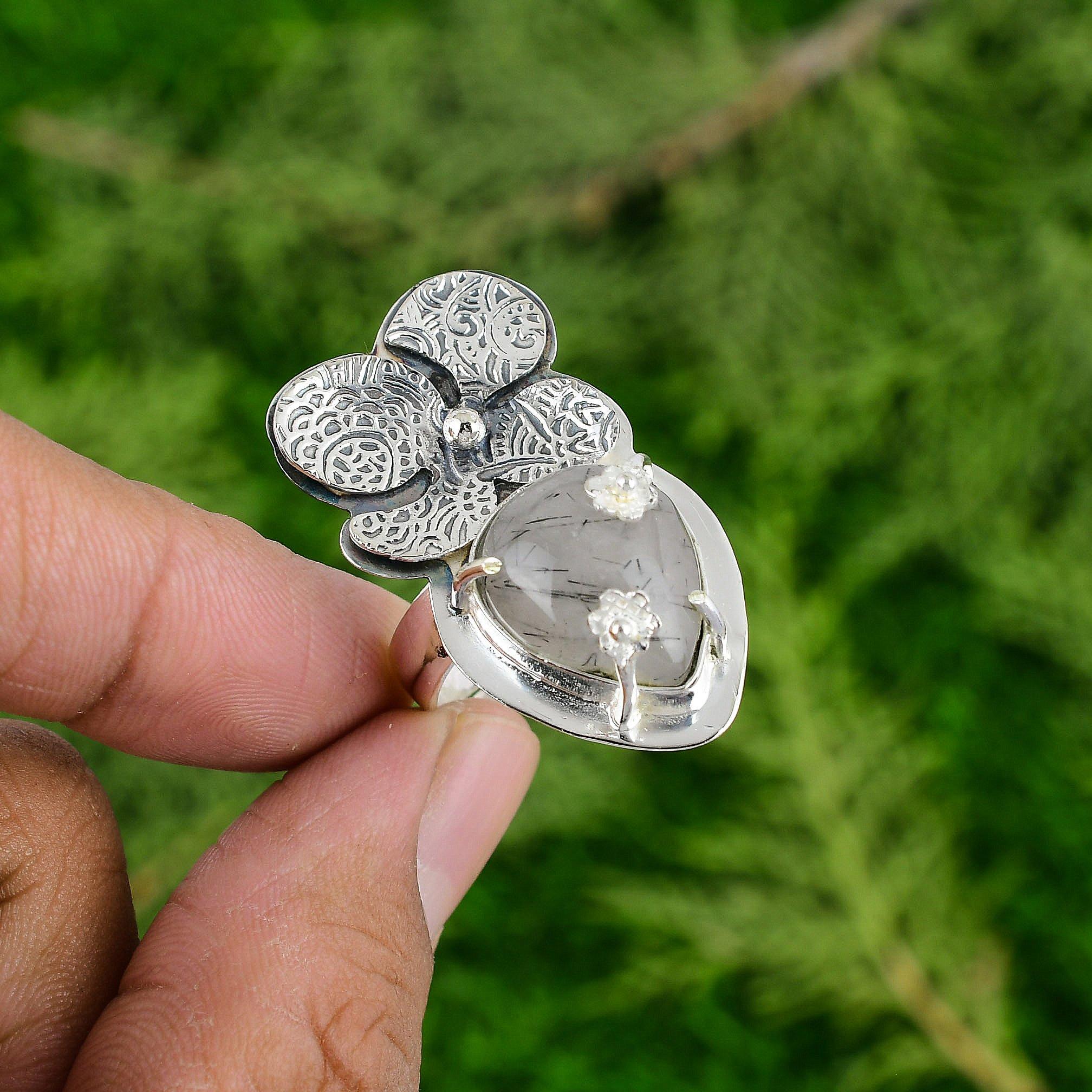 Natural Black Rutilated Quartz Promise Flower Stackable Ring Jewelry 925 Silver