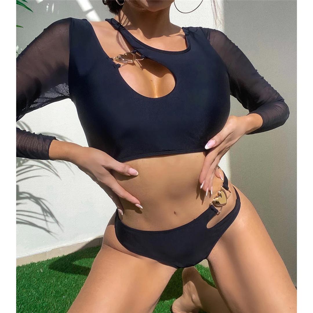 Sexy Asymmetric Cut Out Long Sleeve Bikini Female Swimsuit Women Swimwear Two-pieces Bikini set Bather Bathing Suit Swim