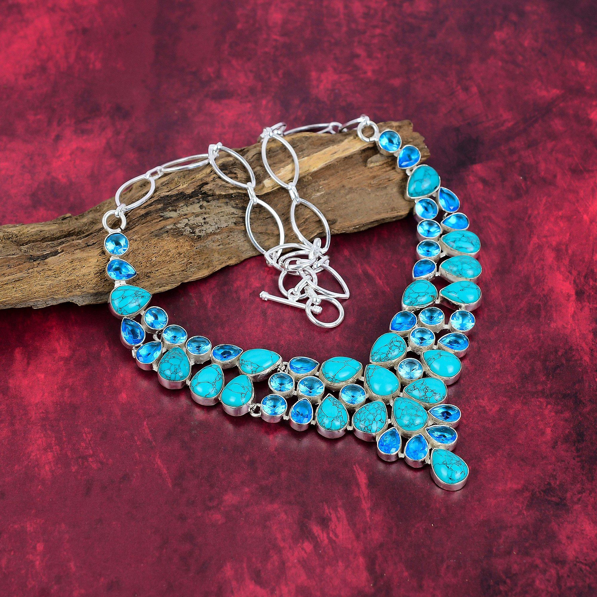 Santa Rosa Turquoise, Blue Topaz 925 Solid Sterling Silver Necklace, Handmade Gemstone  Necklace Jewelry, Gifts For Wife Brand New Necklace