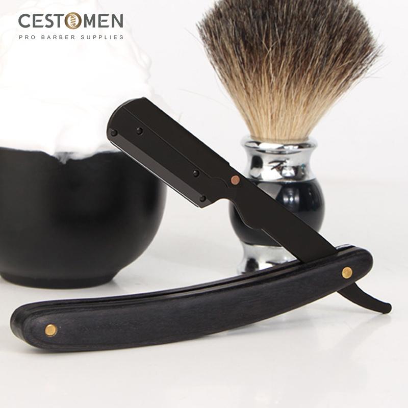 CESTOMEN Men's Straight Edge Shaver Razor Stainless Steel Professional Barber Knife Holder Folding Wood Manual Shaving Razors Hairdresser Tools
