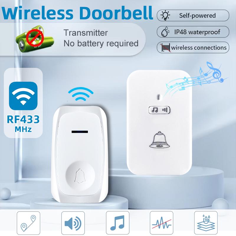 Wireless RF 433MHz Doorbell Kit Battery Operated EU/US Long Distance 100M Door Bell with Multiple Ringtones for Home Hospital Elderly Assistance