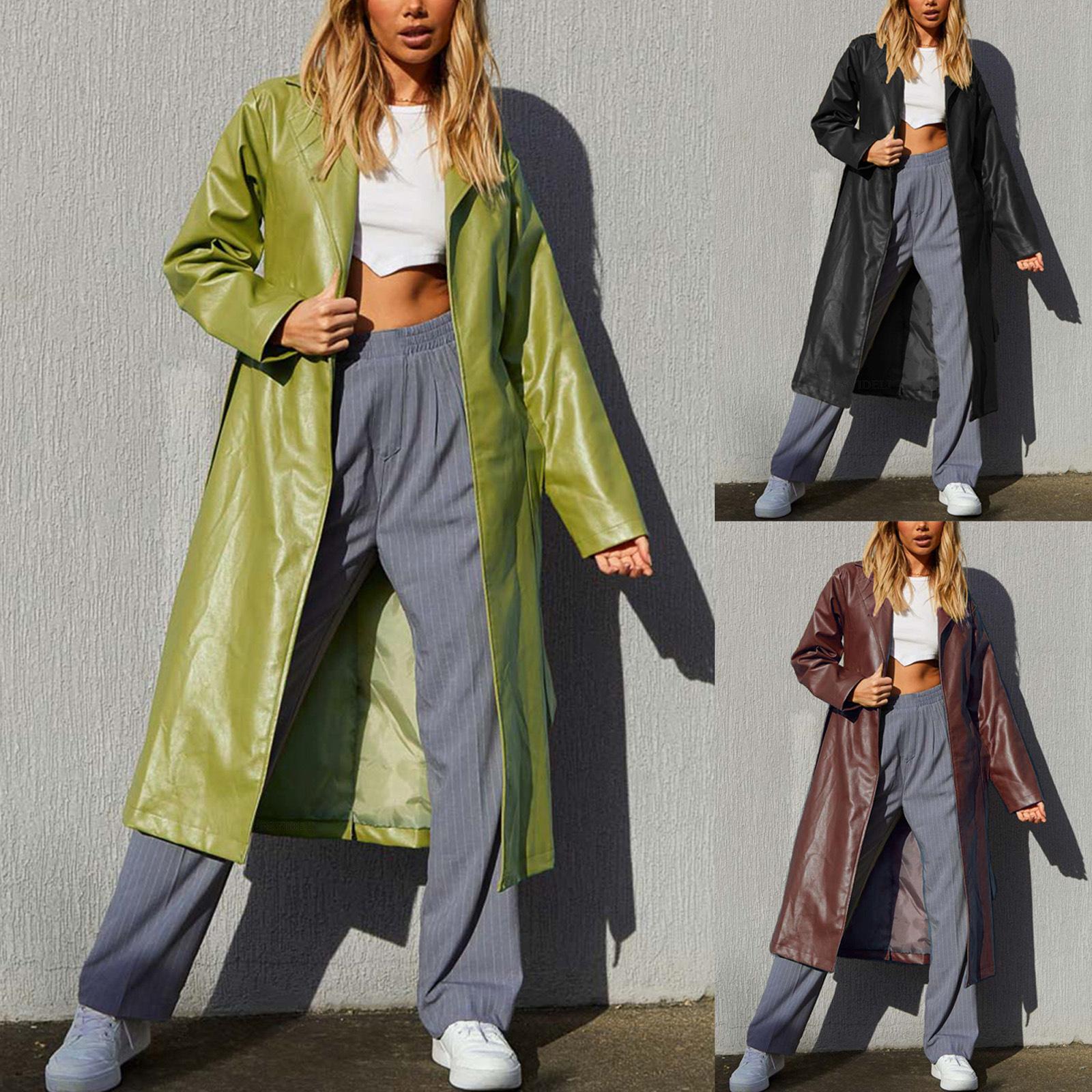 Women's Casual Lapel Open Front Pu Faux Leather Long Trench Coat with Belt Autumn and Winter Women's Temperament Casual Versatile Jacket