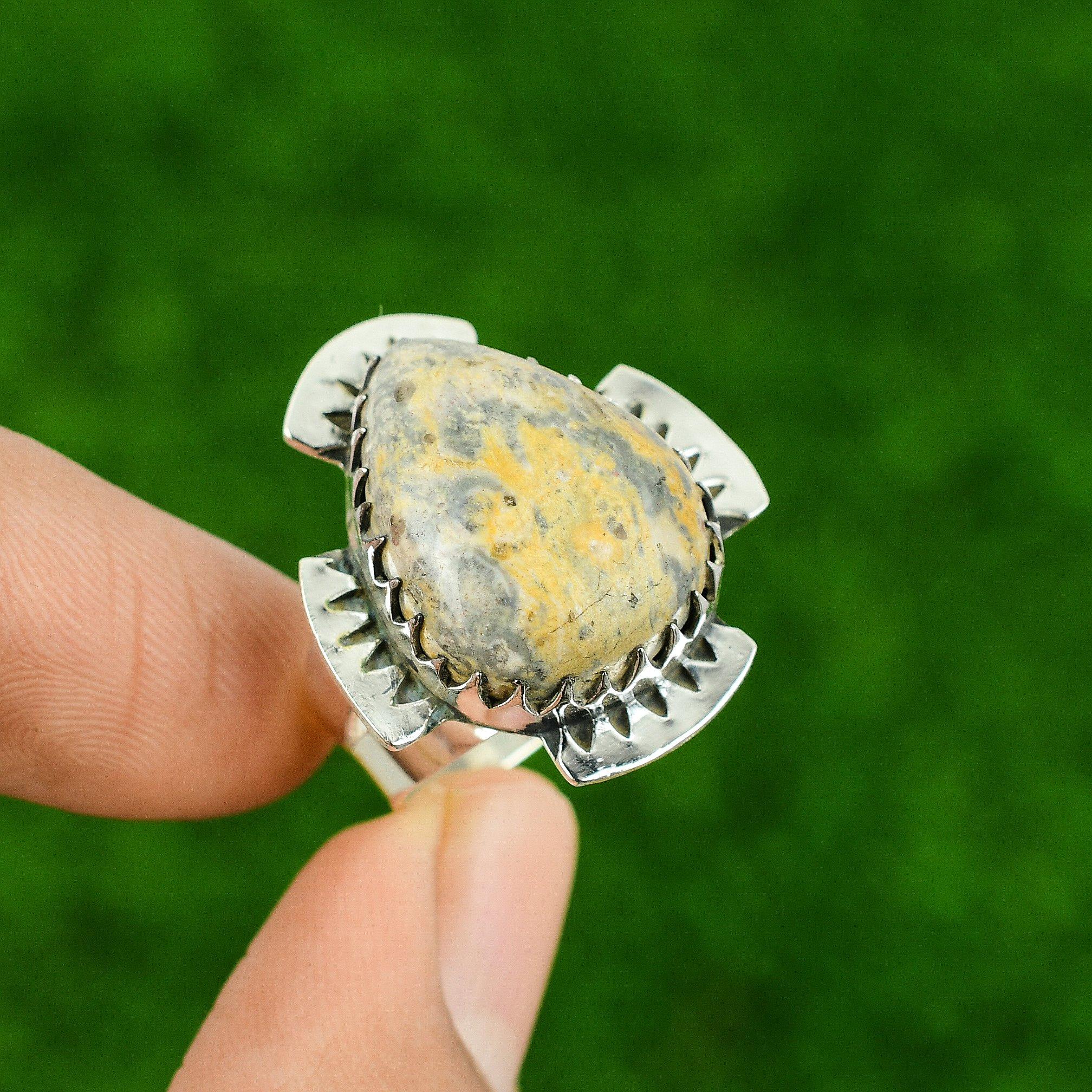 Oval Dendritic Rhyolite Gemstone Wedding Statement Bezel Elegant Ring 925 Silver