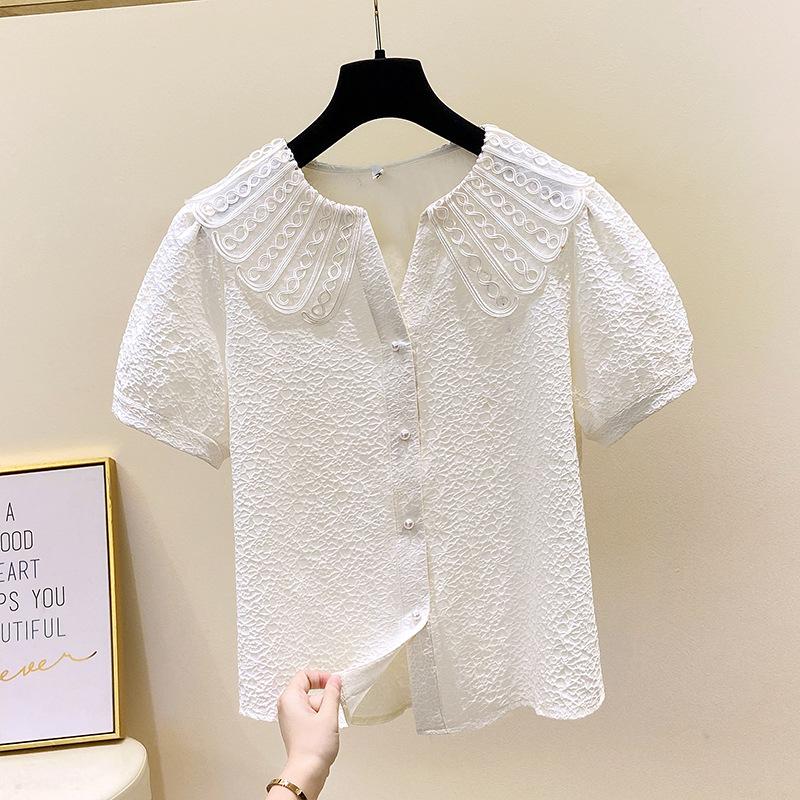 Plus Size Women Doll Collar Short Sleeve Shirt Summer Vintage Jacquard Top