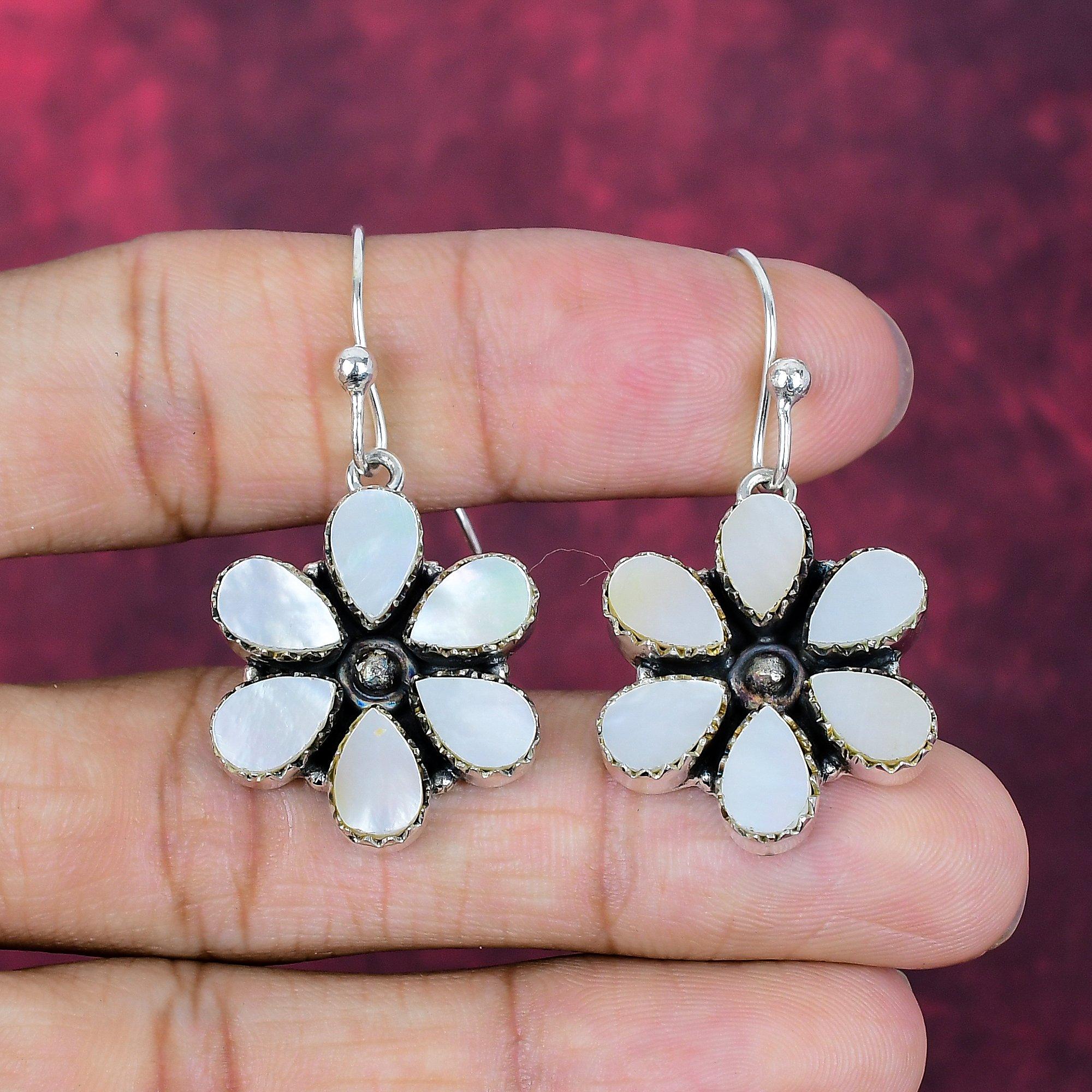 Perlmutt Handgefertigter Edelsteinschmuck, 925 Massiver Sterling Silber Ohrringe Antiker Schmuck