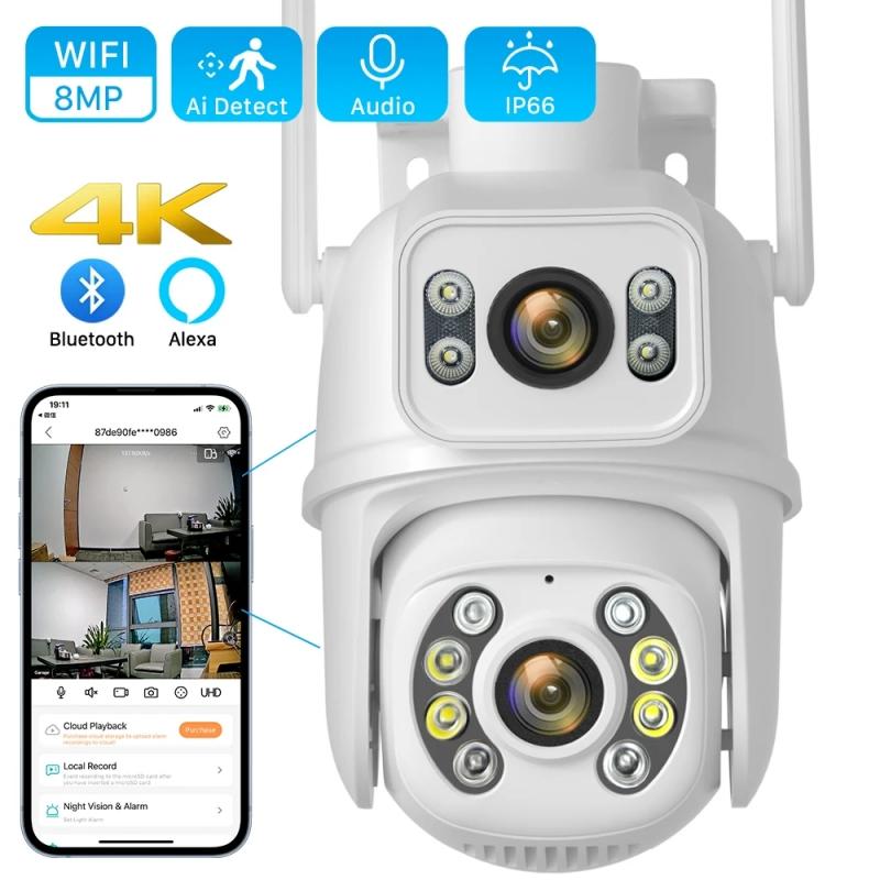 EU Plug 8MP 4K PTZ Wifi Camera Dual Lens with Dual Screen Ai Human Detect Auto Tracking Wireless Outdoor Surveillance Camera iCSee App