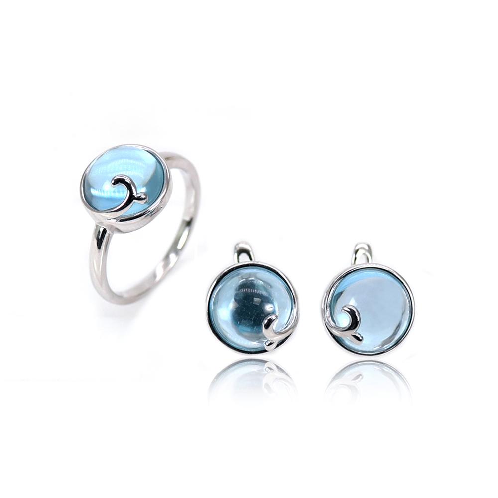 Bolaijewelry Jednoduché přírodní nebe Topaz Kulatý drahokam 10,0 mm Dámský prsten Náušnice Sada šperků 925 stříbro módní jemné šperky pro denní nošení