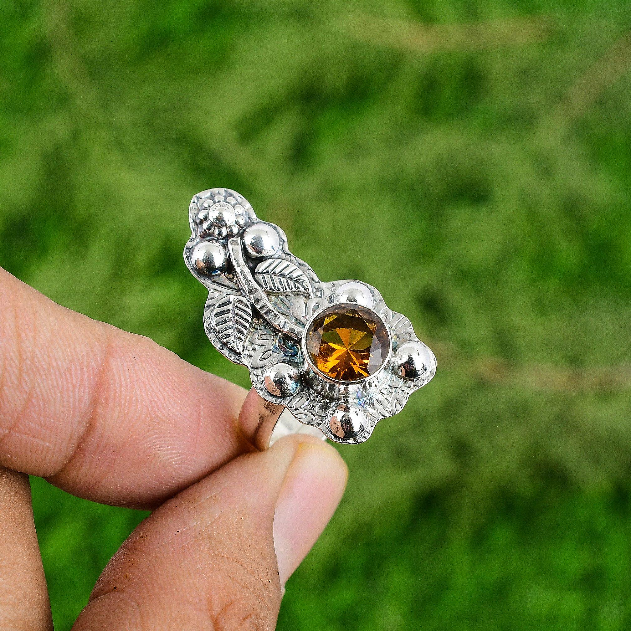 Round Citrine Stone 925 Silver Wedding Bezel Sister Flower Trendy Ring Jewelry