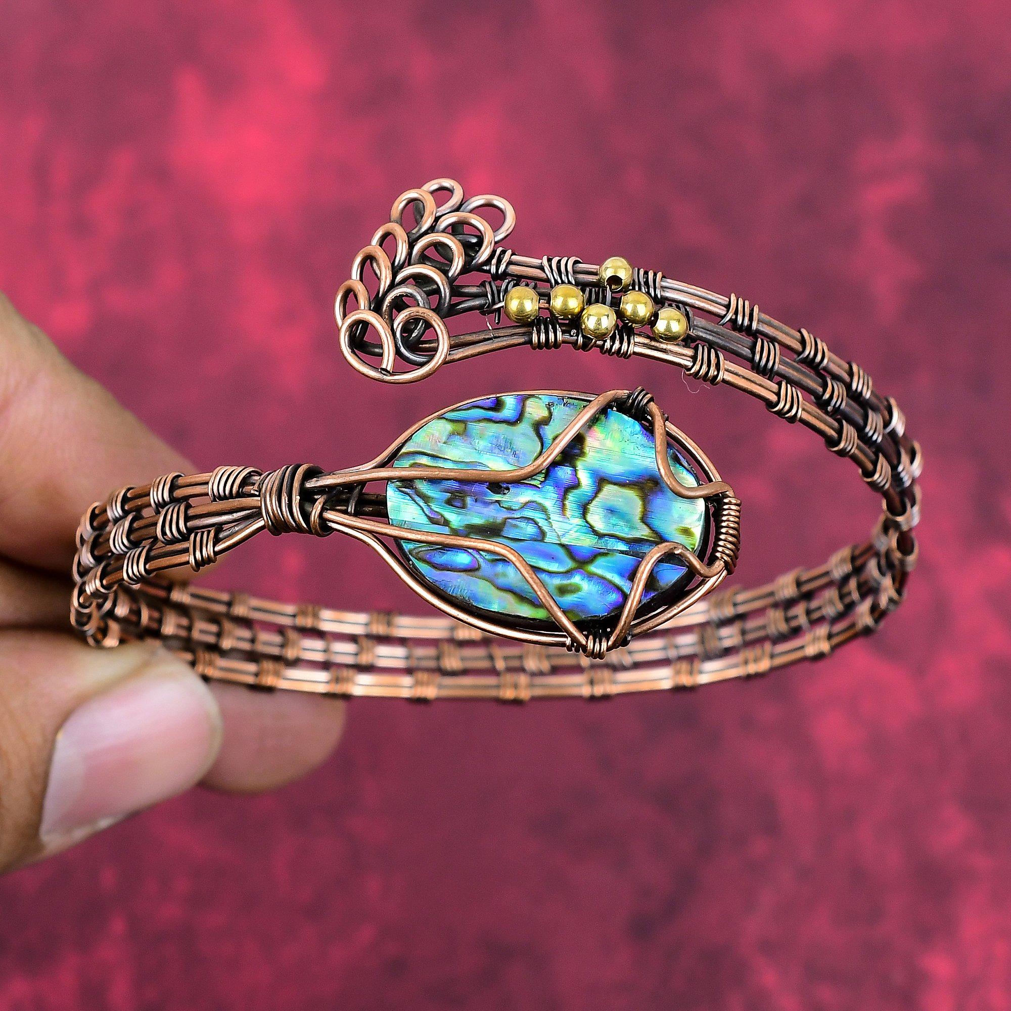 Abalone shell bangle copper wire wrapped cuff bracelet adjustable bangle handmade jewelry gemstone cuff bracelet gifts for mom unique bangle