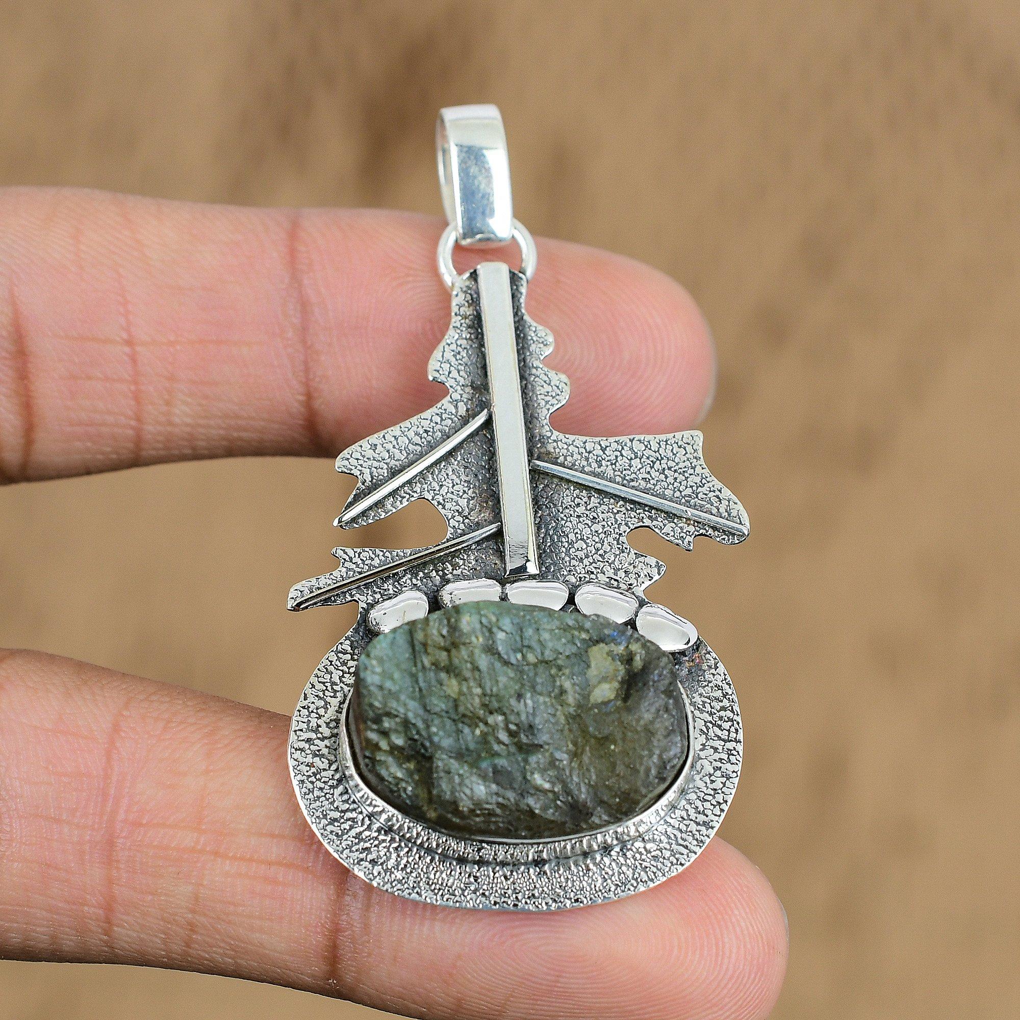 Cadeau Pour Femmes Pendentif Argent Sterling 925 Labradorite Naturelle Pierre Gemme Brute