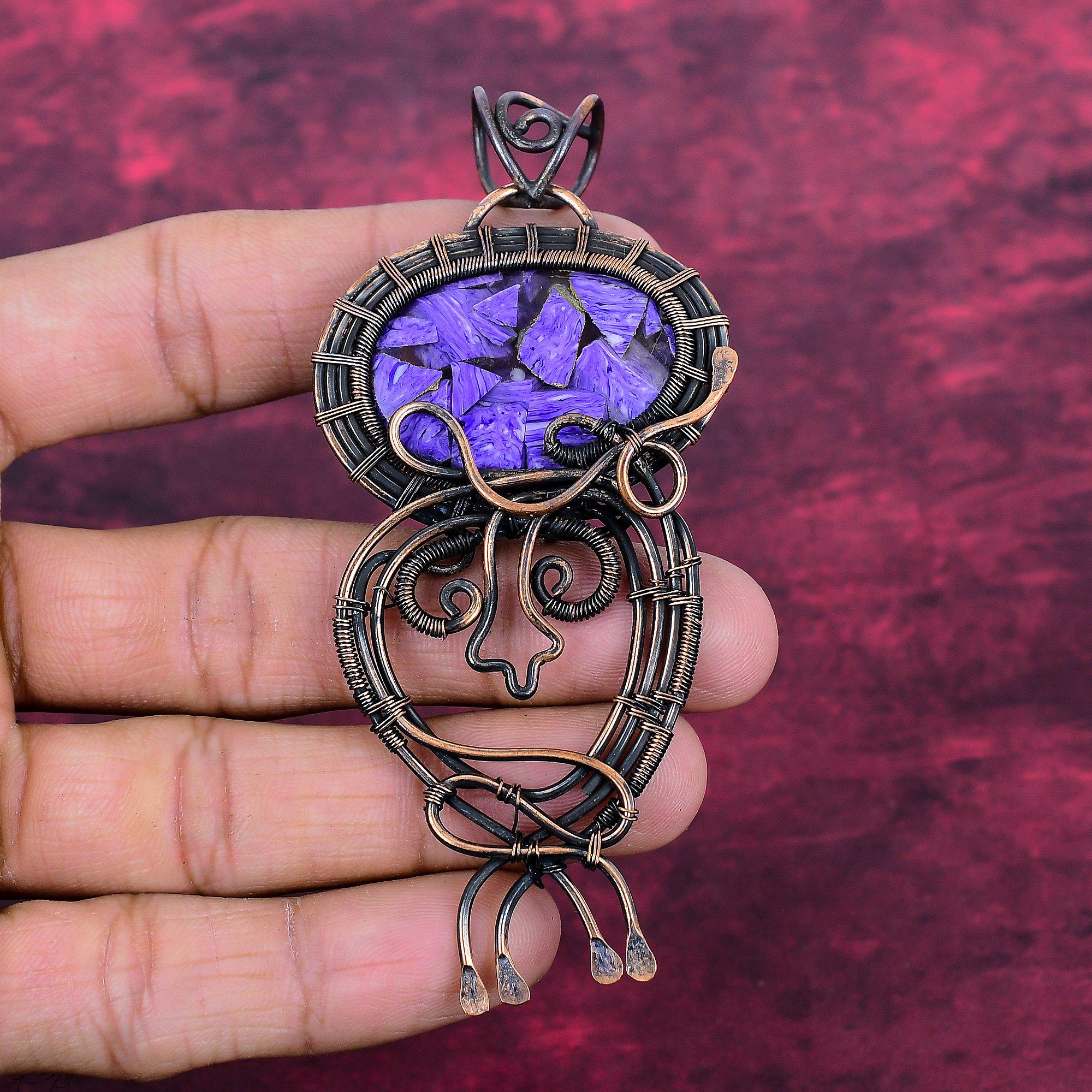 Copper Charoite Genuine Gemstone Pendant Handmade Copper Wire Wrapped Jewelry