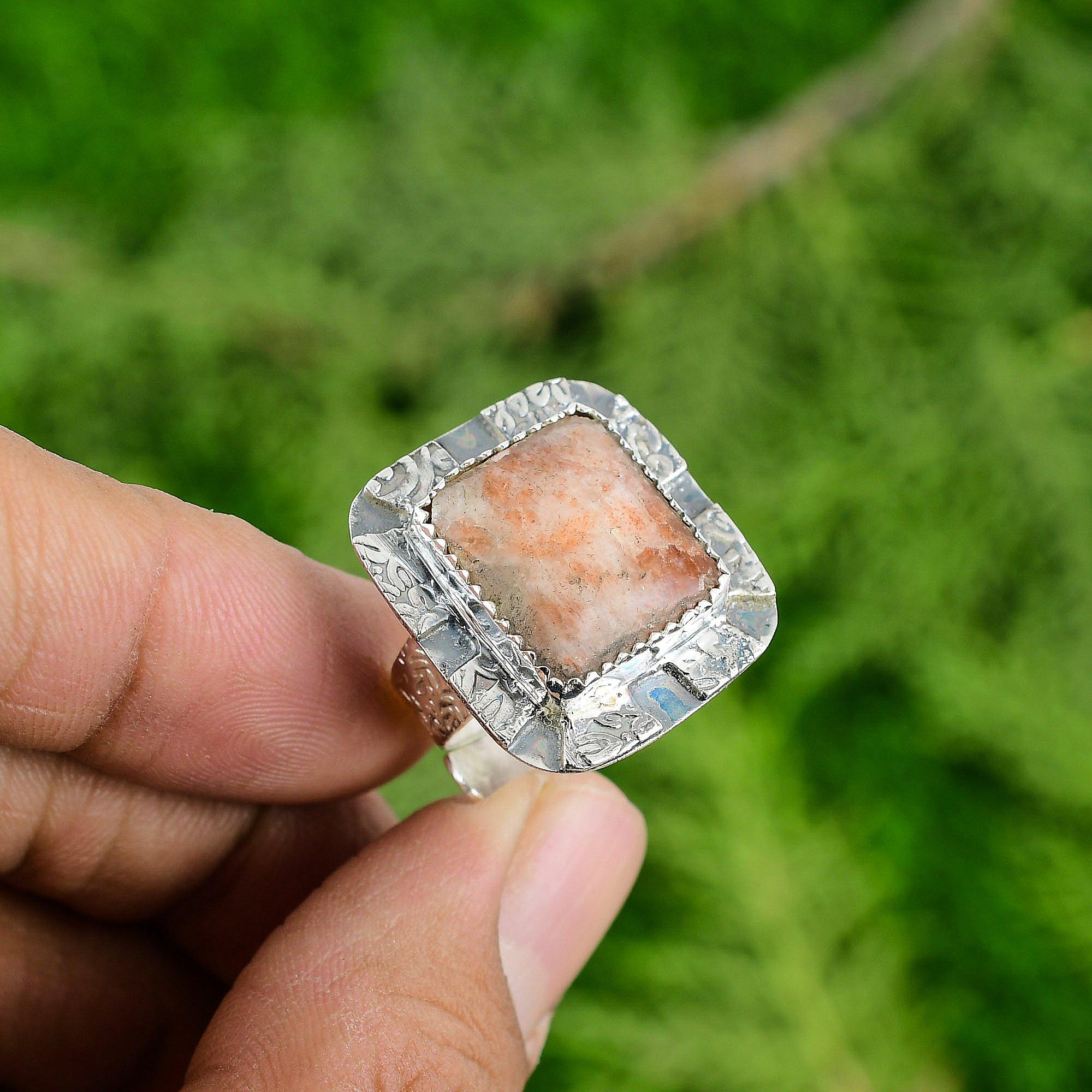 Gift For Her 925 Silver Natural Sunstone Gemstone Solitaire Adjustable Ring