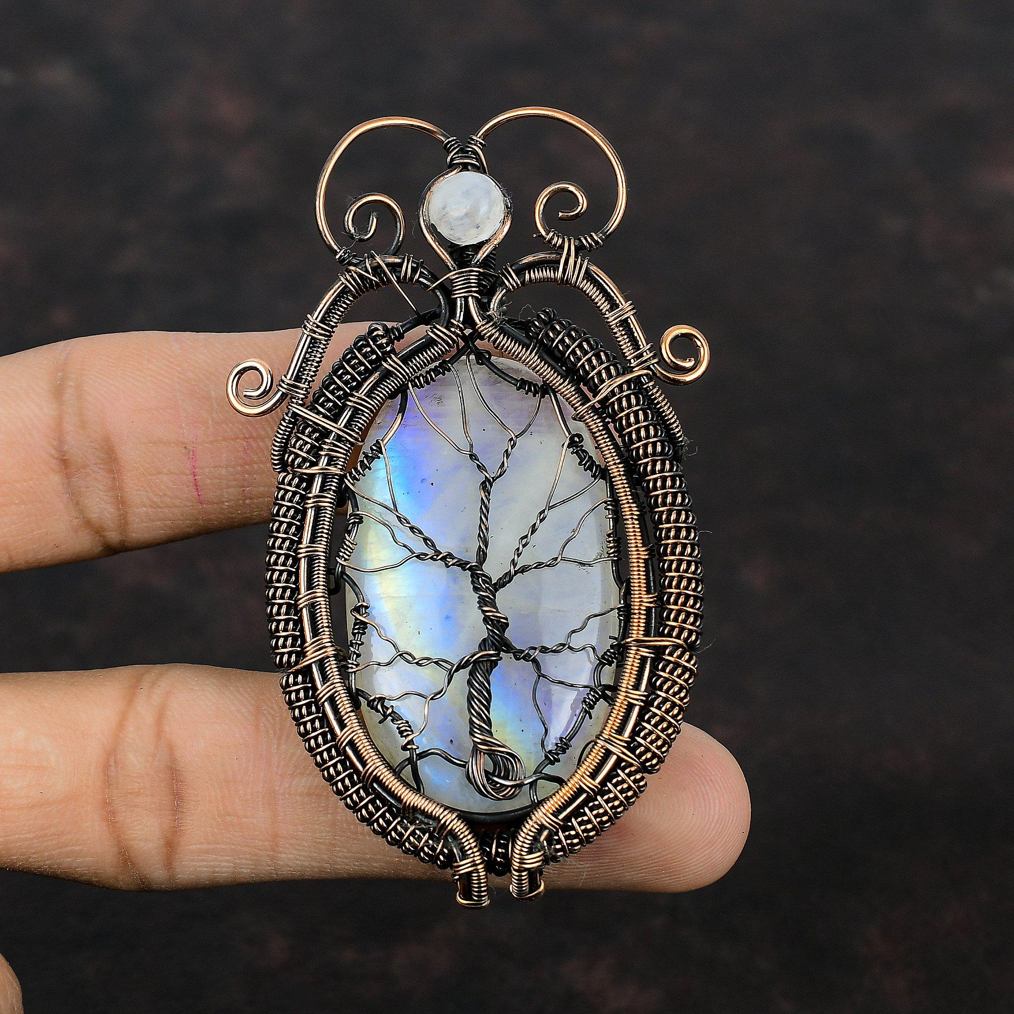 Tree Of Life Rainbow Moonstone Pendant Copper Wire Wrapped Pendant Handmade Pendant Copper Wire Wrap Jewelry Gemstone Pendant Gift For Women