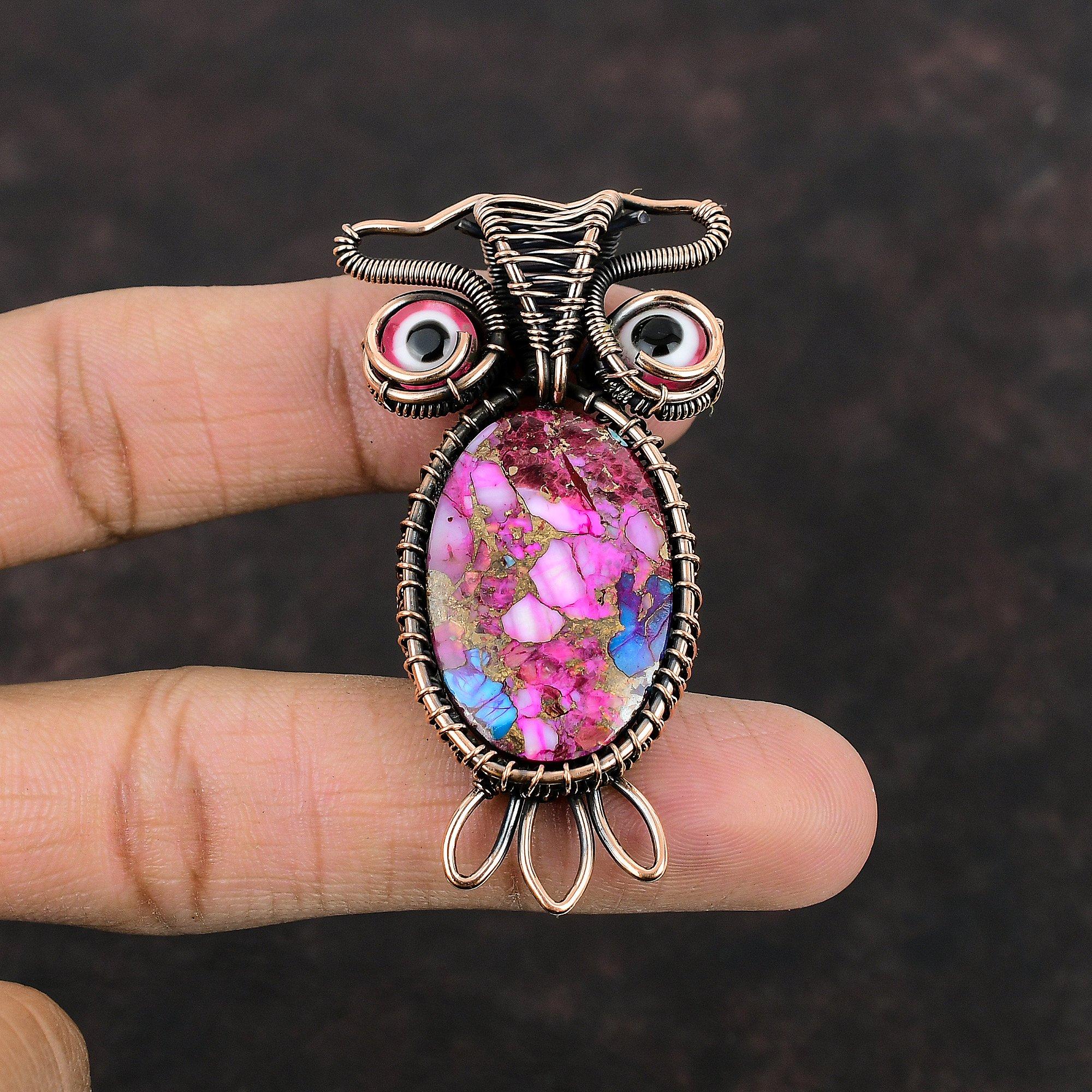 Kingman Pinke Dahlie Türkis Anhänger Kupferdraht gewickelter Anhänger Edelstein Eulenanhänger Handgefertigter Kupferschmuck Rosa Farbe Böser Blick Anhänger