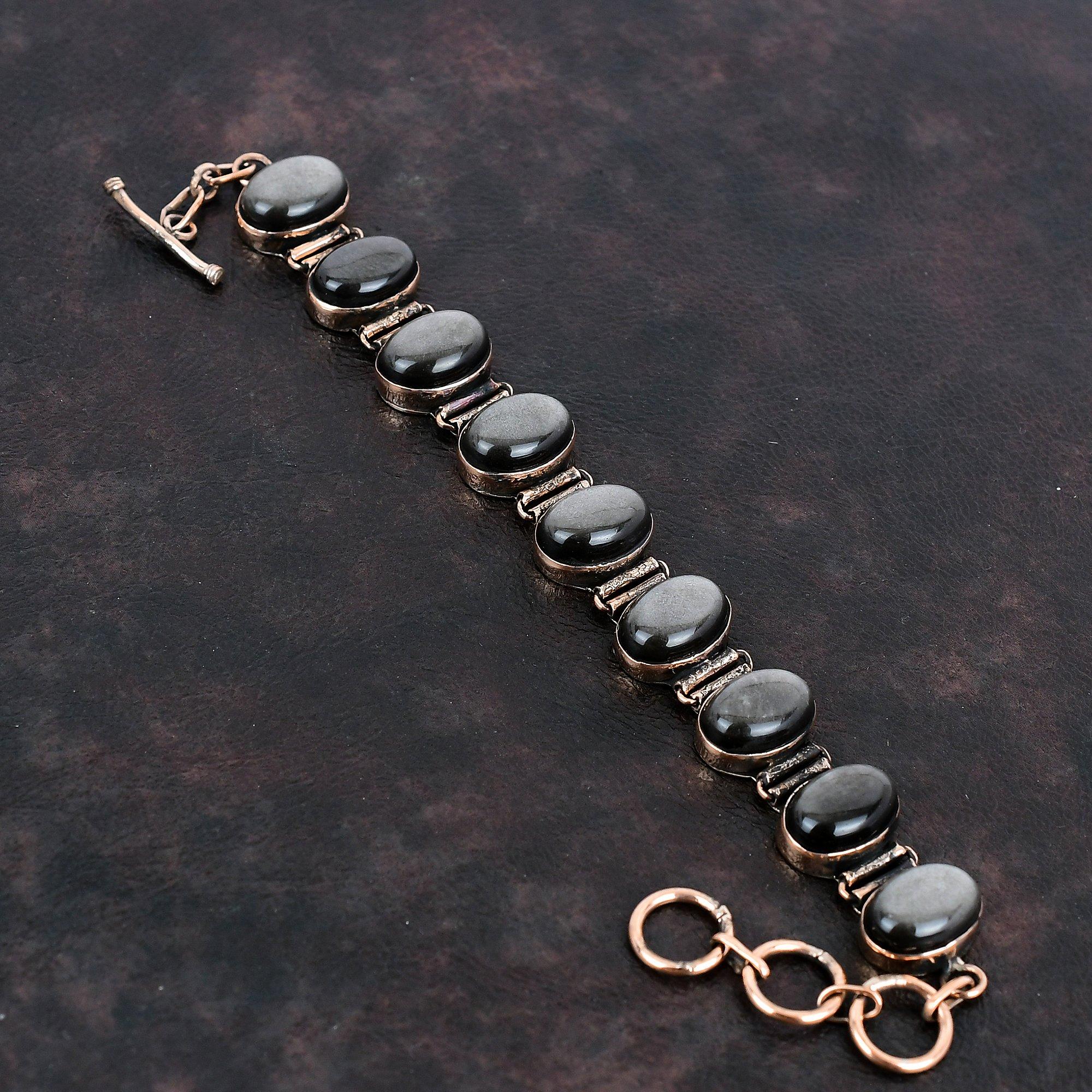 Silver Sheen Obsidian Bracelet Copper Gemstone Bracelet Adjustable Chain Bracelet Silver Sheen Obsidian Handmade Jewelry Anniversary Gifts