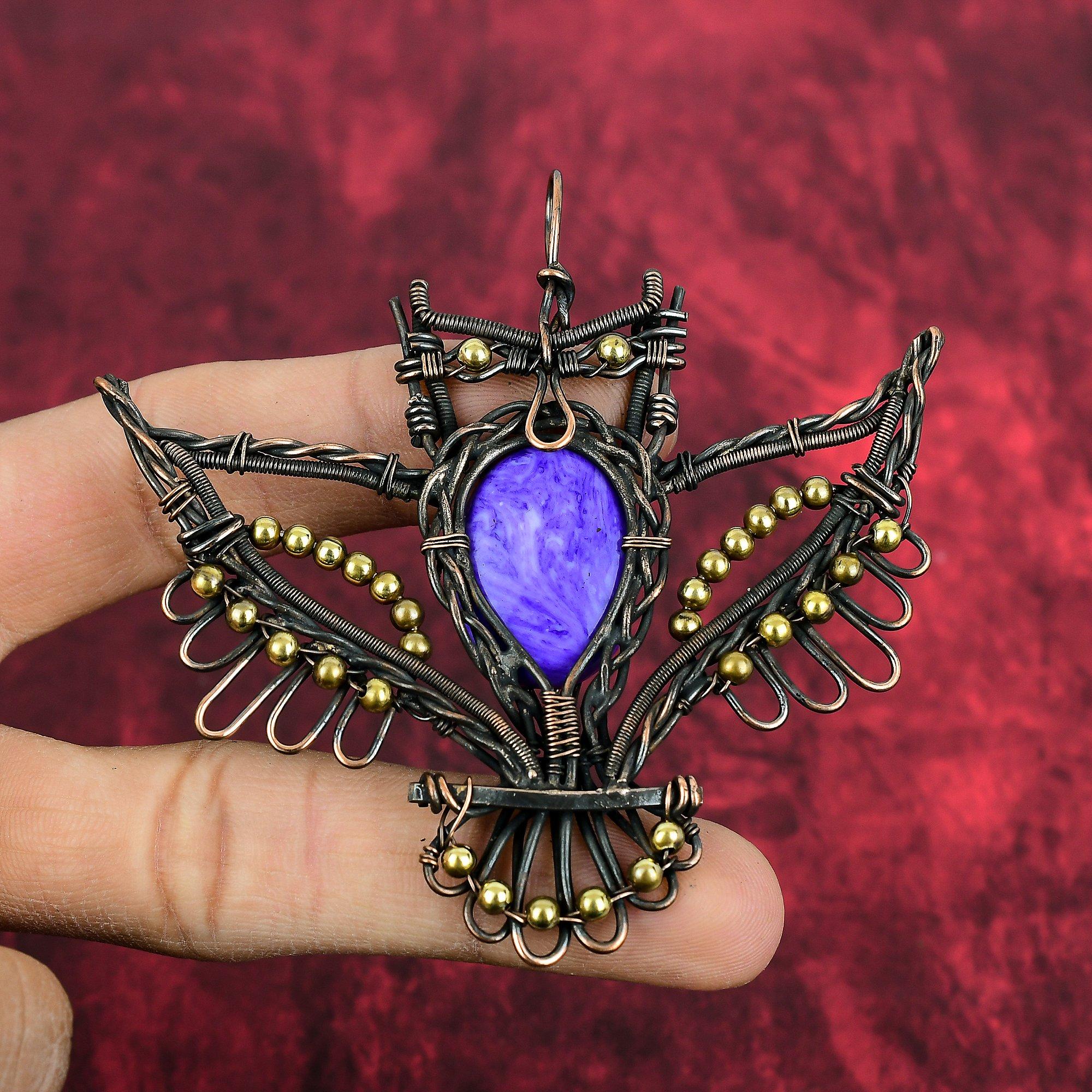 Charoite Pendant Copper Wire Wrapped Pendant Owl Pendant Unique Copper Jewelry Gemstone Handmade Pendant Wire Wrap Jewelry Gifts For Mother
