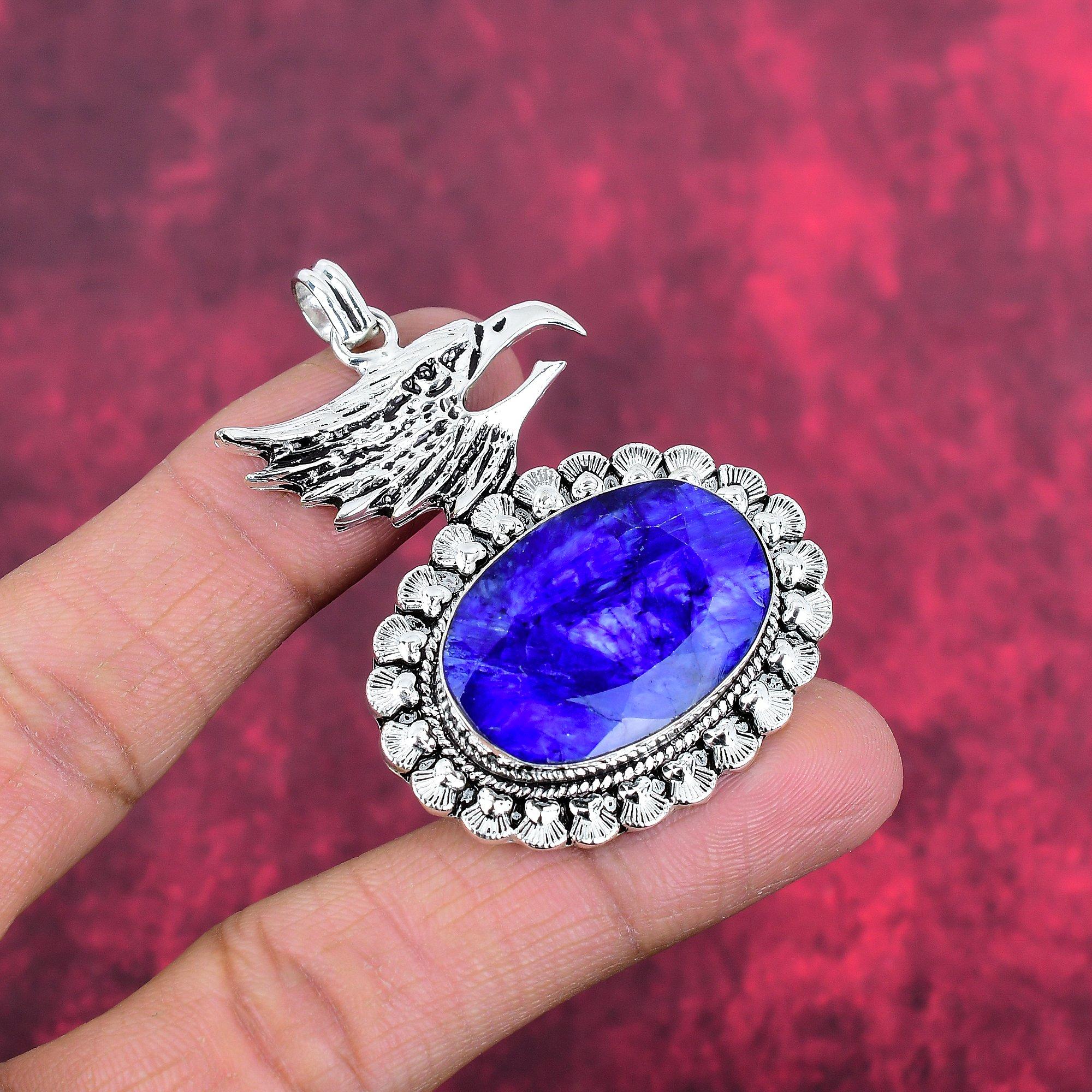 Blue Sapphire Pendant, Handmade Gemstone Pendant, 925 Solid Sterling Silver Pendant Antique Jewelry, For Engagement Gift