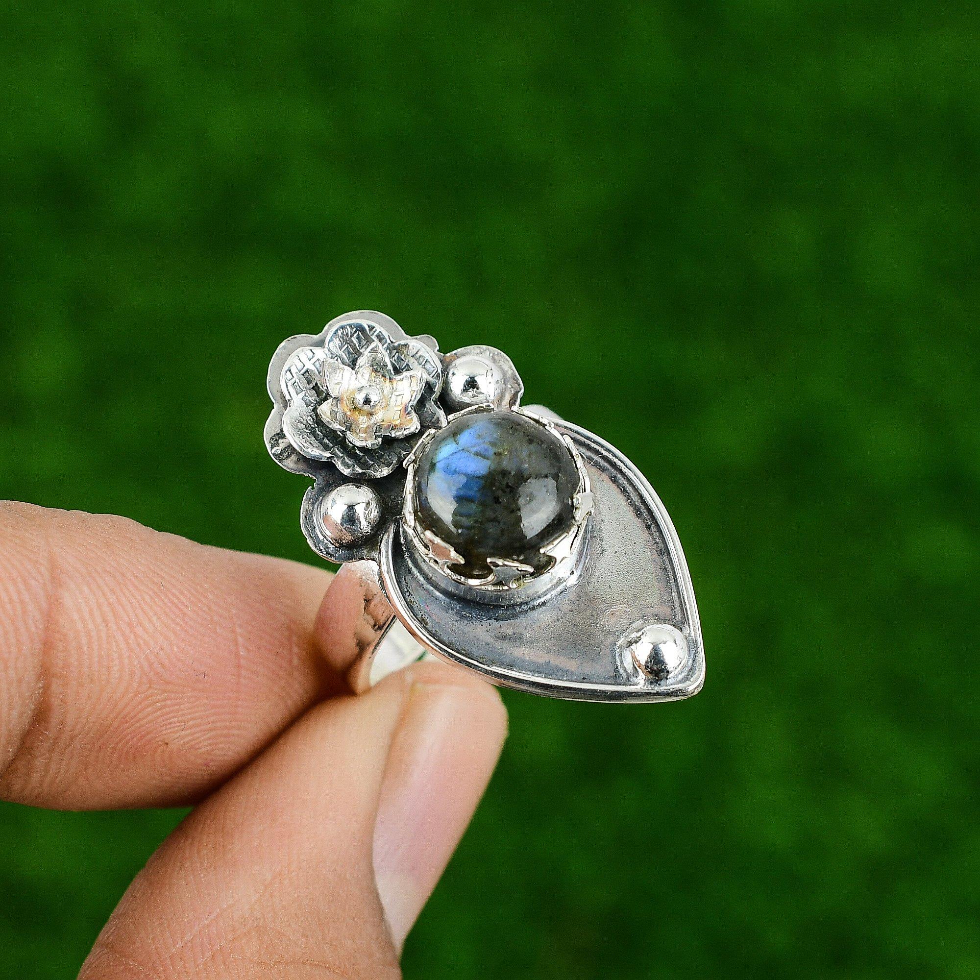 Gift For Her 925 Silver Natural Labradorite Promise Flower Adjustable Ring