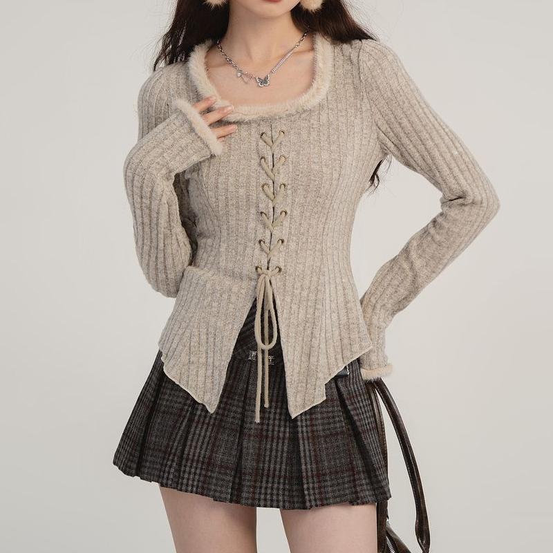 Bandage Drawstring Knitted Cardigan Women Autumn Winter Vintage Split Cardigans Korean Fashion Y2k Sweaters Bottoming Shirt Top
