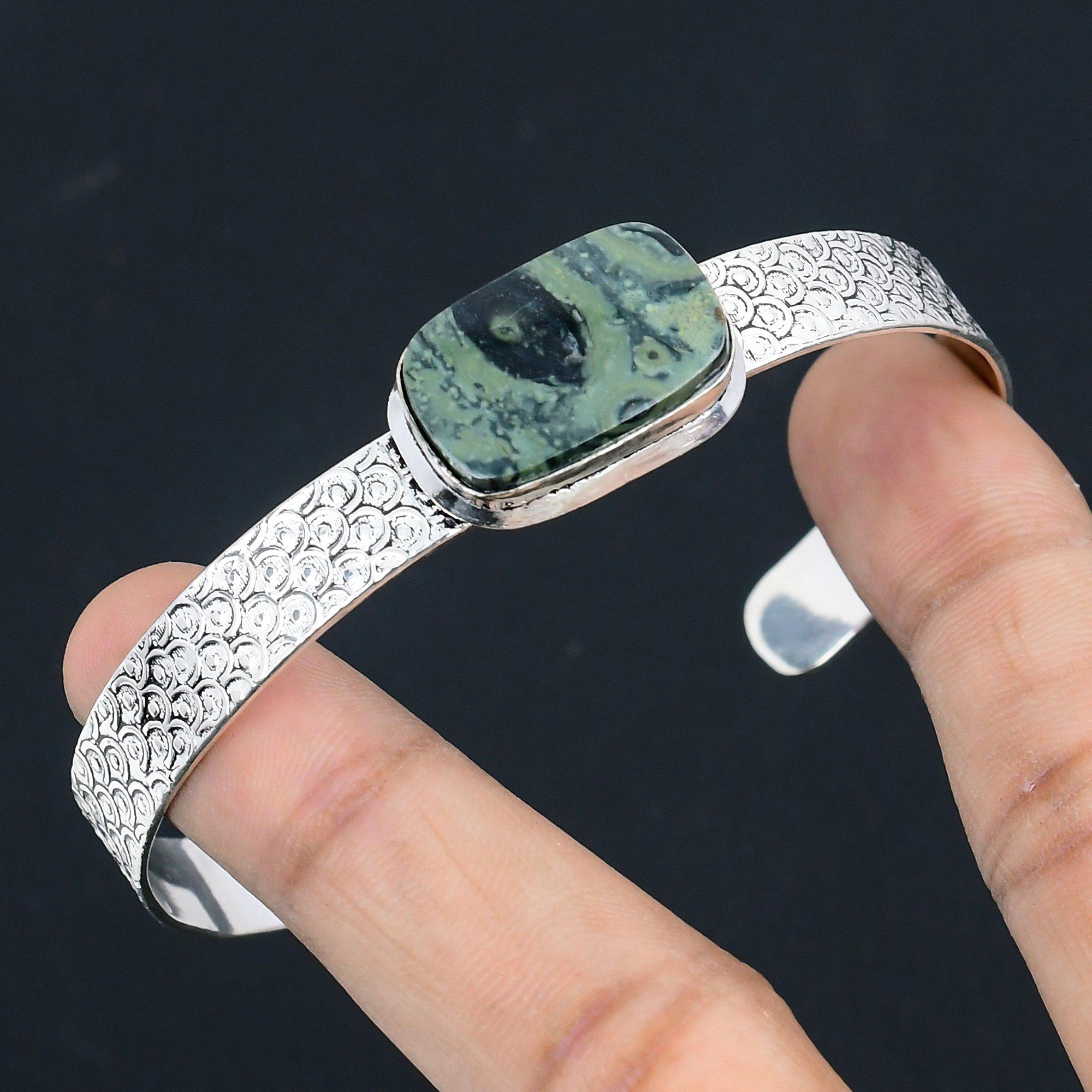 Natural Kambaba Jasper Gemstone Bangle Adjustable 925 Sterling Silver For Girls