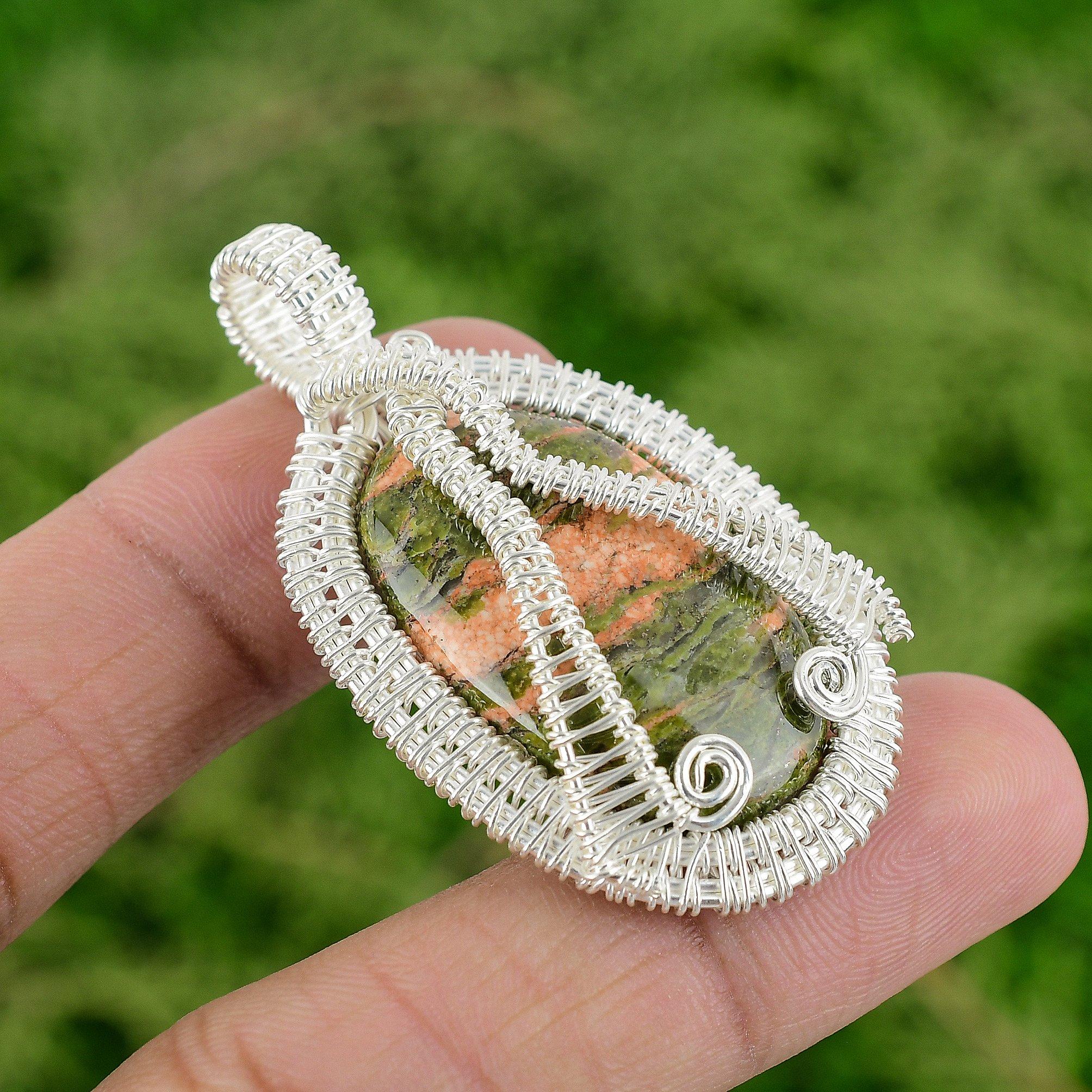 925 Silver Heart Chakra Natural Unakite Engagement Sister Wire Wrapped Pendant